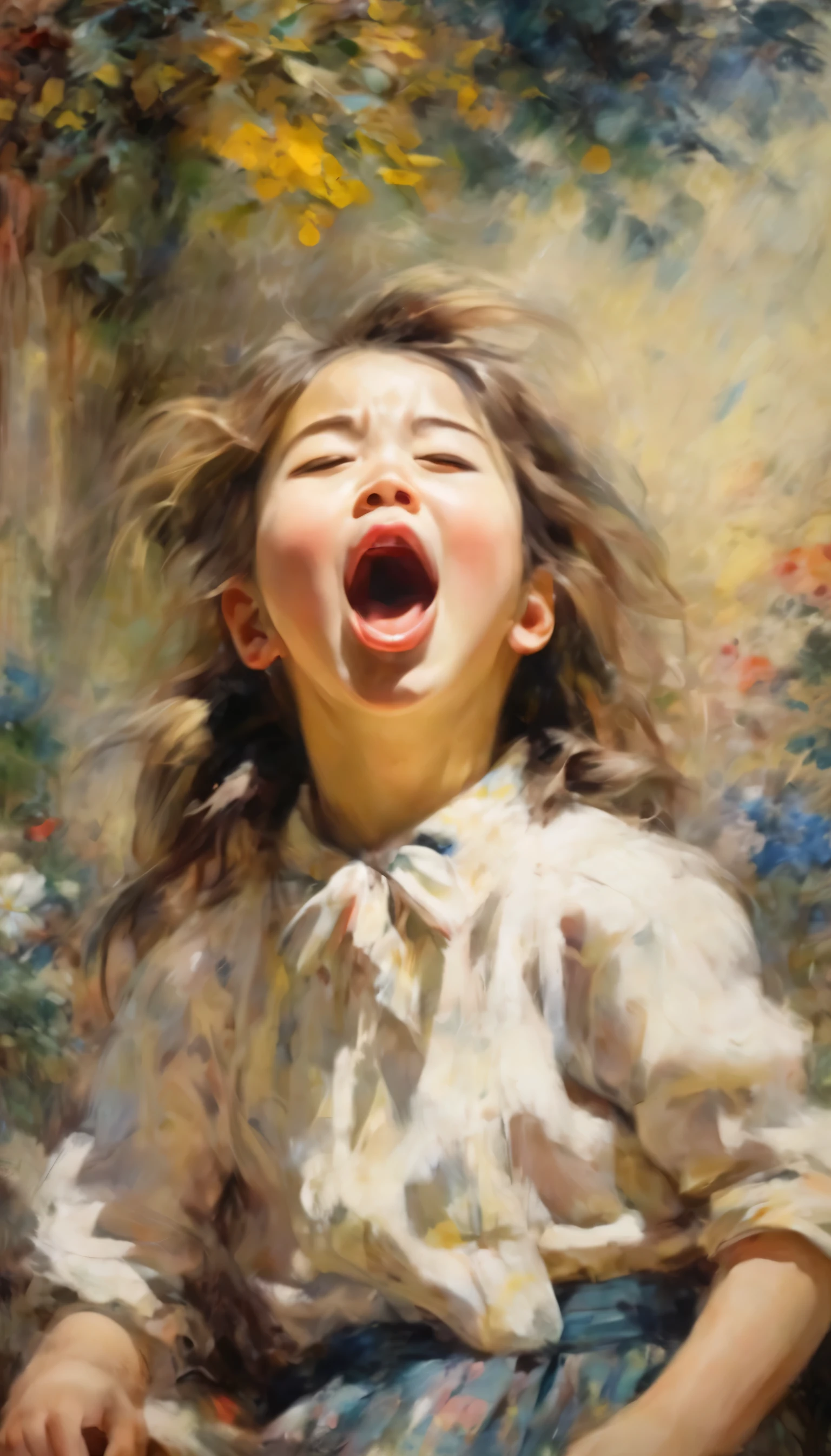 girl yawning, highest quality、Very cute、Surroundings are out of focus、warm impression、oil、banksy、renoir style