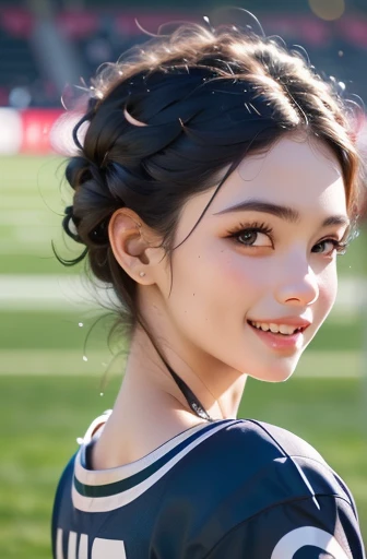 (gray background:1.5, close shot:1), (lifelike:1.4), (best quality:1.0), (ultra high definition:1.0), 8K, original photo, (masterpiece:0.2), 1 girl, beautiful skin, Delicate skin, A big smile, teeth, (short hair:1), (football:1.2)