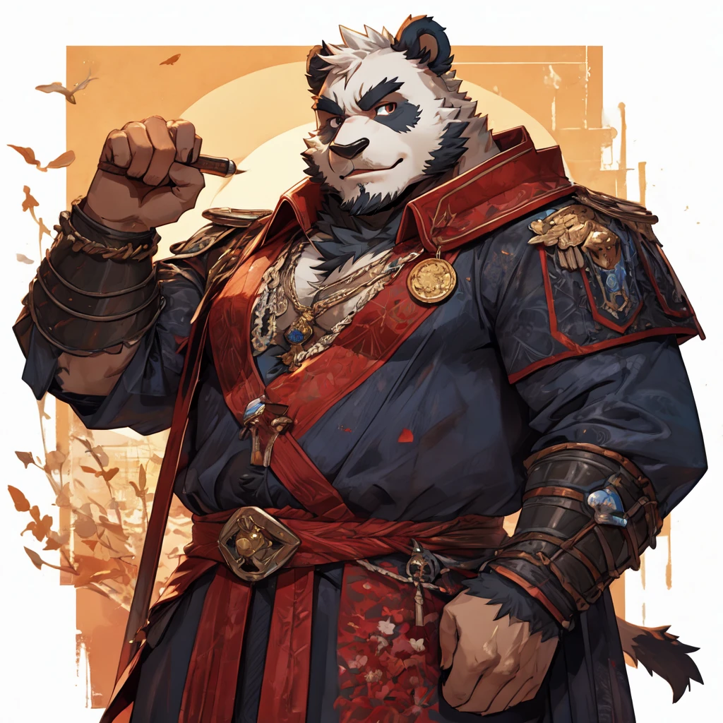 Panda Man, warrior outfit ，middle aged uncle，hairy，five fingers，