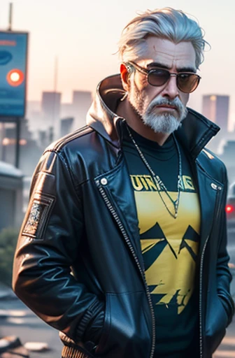 Raw 16k ultra high definition vibrant color masterpiece, 1.12), Describe the emotions captured in a close-up of a gray-haired man&#39;s face, Perfect hair and glasses, With a neat white beard, Wearing《Cyberpunk 2077》gaming inspired jacket. The setting reflects the game&#39;s dystopian future environment, have《Cyberpunk 2077》Elements of Mid-City Characteristics.