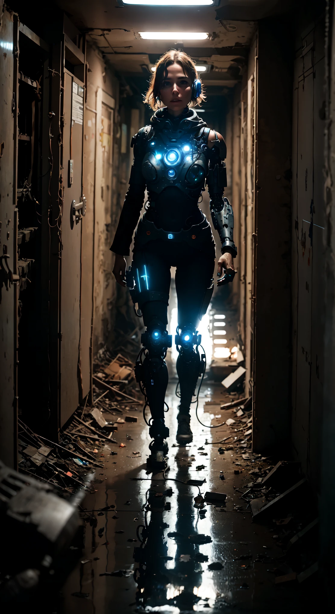 In an abandoned bunker, a cyborg woman explores the desolate corridors. Equipped with mechanical limbs, she moves quietly, alert to any potential threats. Sensors in her eyes enable her to see through the darkness, revealing a dilapidated environment covered in dust and cobwebs. With caution, she searches for signs of other survivors or clues about the bunker's abandonment. The cyborg's heightened hearing detects faint noises that could originate from either deteriorating structures or unknown creatures, prompting her to activate her self-defense mechanisms. Despite the uncertainty and potential dangers ahead, she continues to navigate the deserted facility, driven by a sense of responsibility to uncover the truth. Her mission is to find answers that may aid humanity's survival in this changed world.