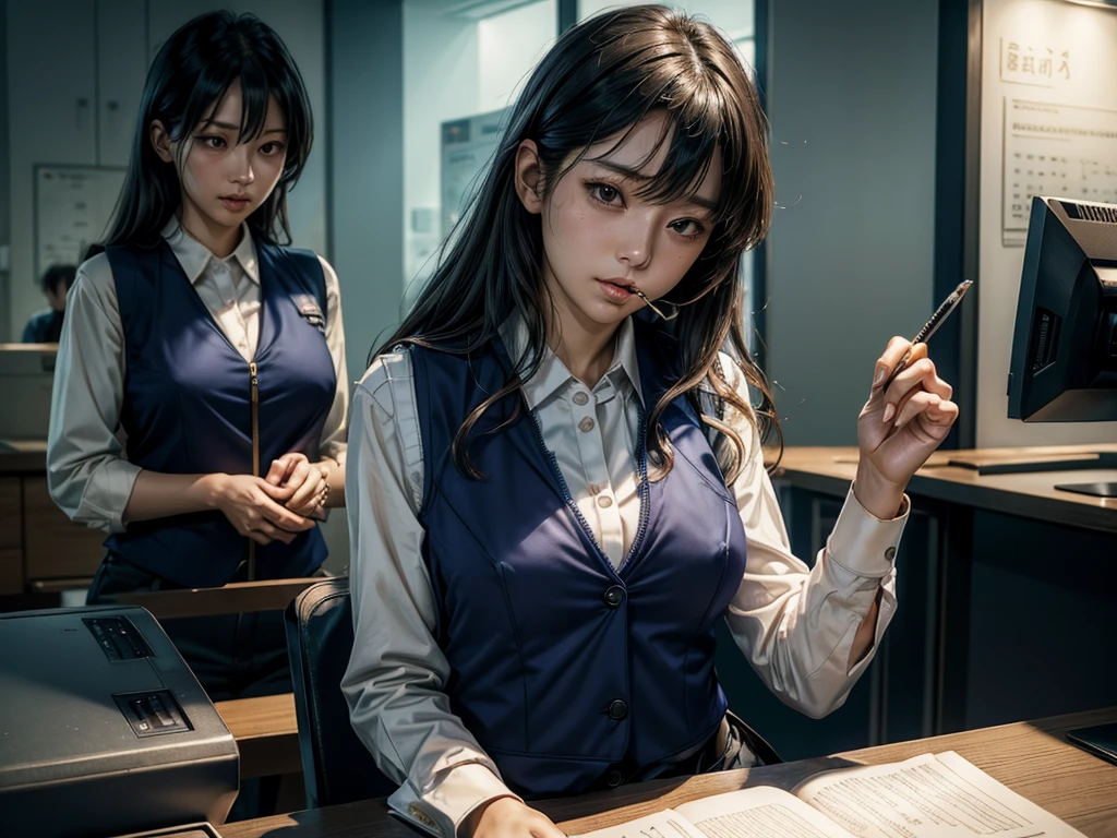 There is a woman sitting at a desk holding a pen and paper, (A sexy bra is visible from the chest of the shirt blouse that is wide open.:1.5)、Sui Ishida, iwakura lain, yasumoto oka, motto hole, eat and drink, Also, yuuka kazami, seifuku, sana takeda, deayami kojima, Chiho, ayamin to whom, Ayaka, misato katsuragi,Female bank clerk sitting behind the counter at a bank teller、白いシャツブラウスの上にwearing a navy vestビジネスユニフォーム、(wearing a navy vest:1.5), (He wears a plastic name plate on the chest of his vest.), unbuttoning shirt blouse、