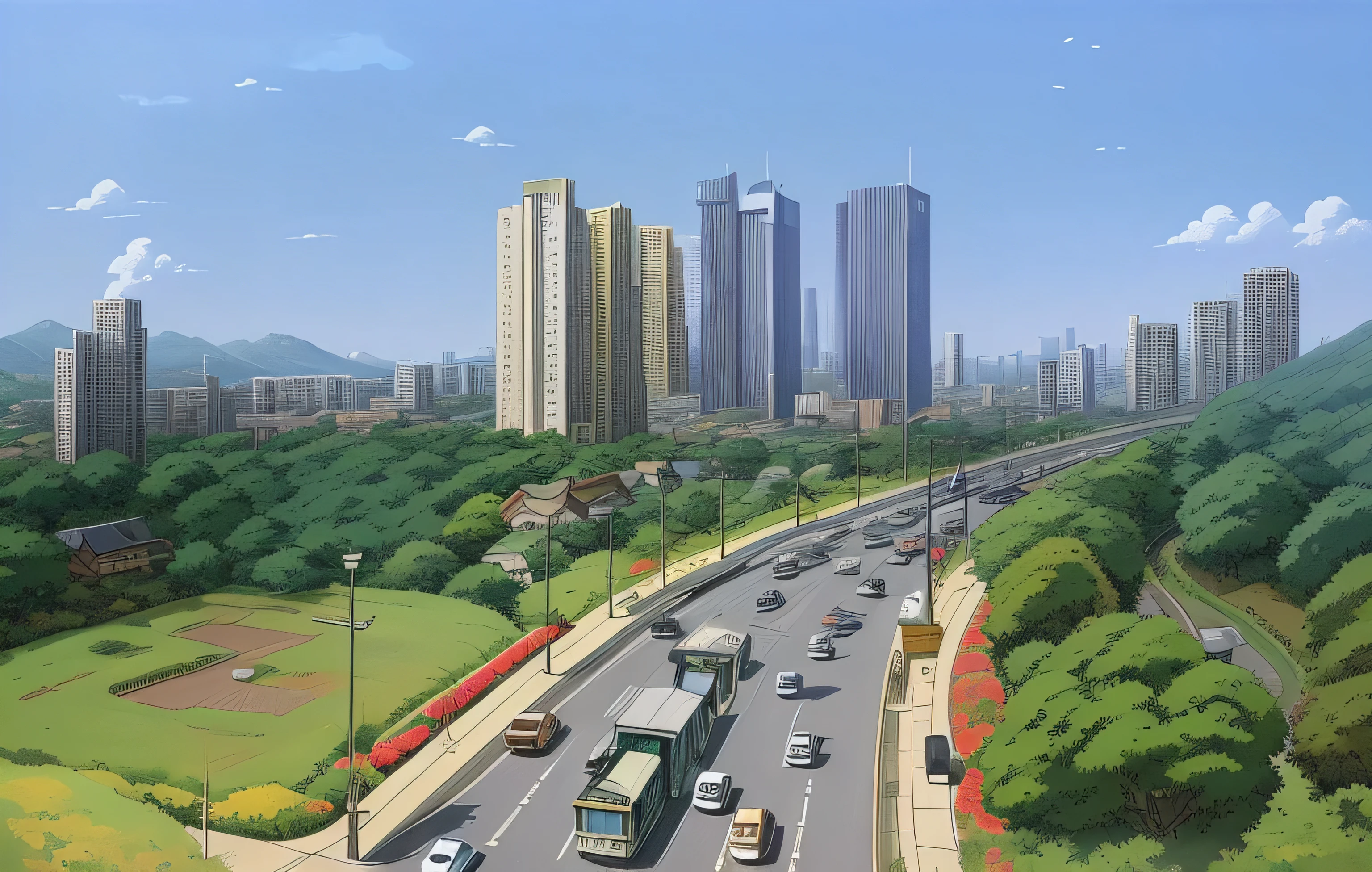 There is a painting of a city，main road，car，high-rise，garden，Beautiful oil painting matte painting，Hyper-realistic clouds，WLOP and cheap，cheapS!!!,cheap！，studio ghibli sky，realistic scenery，cheapS and Thomas Kincaid，surreal landscape，View of Ghibli Studio，huge cloud，anime rural scenery，cheapS