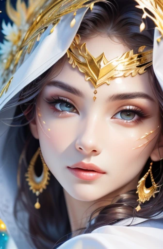 (masterpiece, top quality, best quality, official art, Beautiful and beautiful:1.2), (1 girl), extremely detailed eyes, (fractal art:1.3), rich and colorful, most detailed, (perfect face), shiny skin, high dynamic range, (white cloak golden lines:1.2), galaxy, (light streaks), Eye-catching visuals, (dynamic stripes, glow trail:1.2), bright colors, (Phoenix), (dragon)