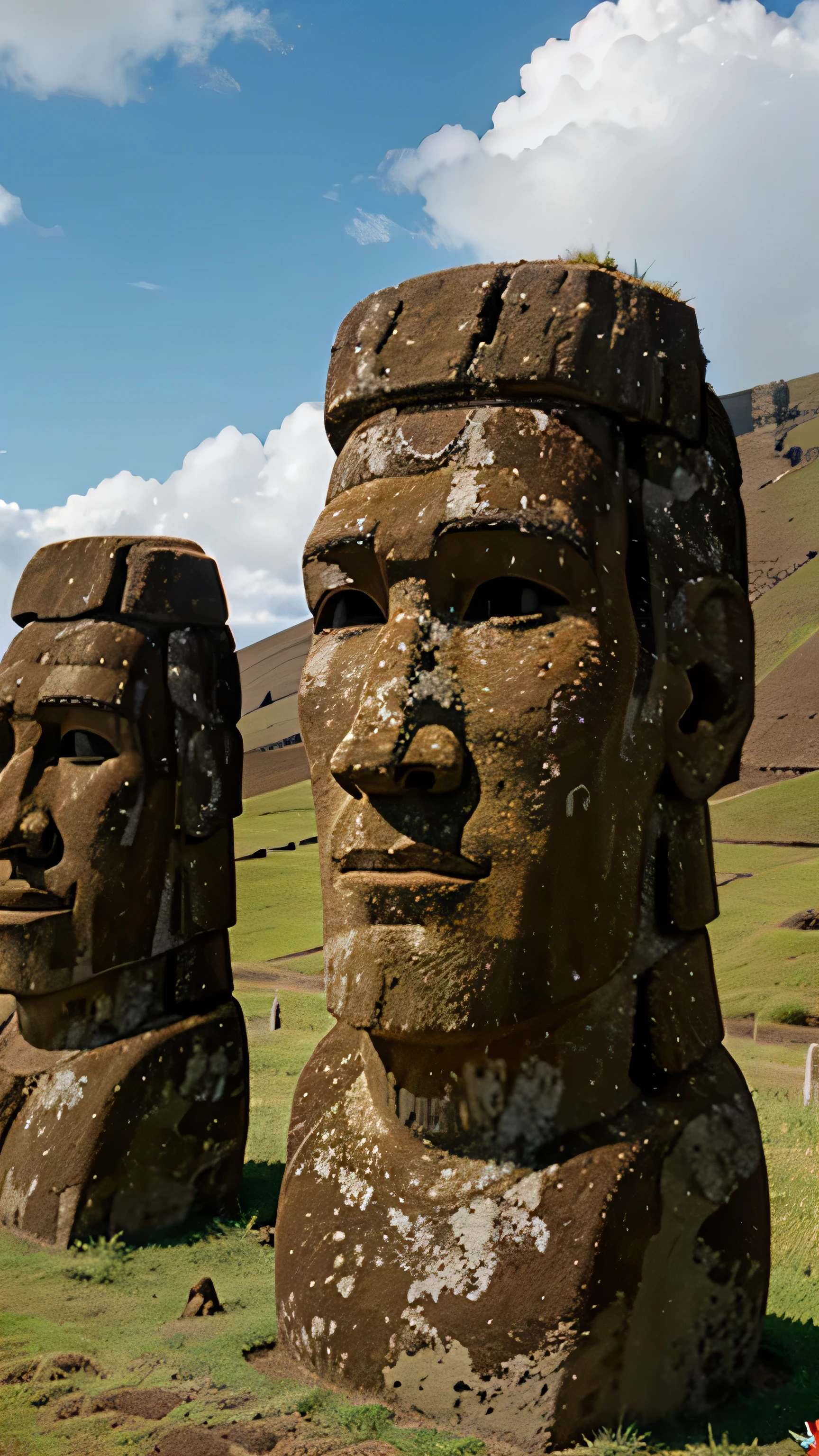 Easter Island and rows of moai statues on the hillsides, 8k, high quality, super detail object