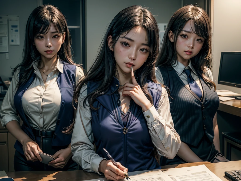 There is a woman sitting at a desk holding a pen and paper, (A sexy bra is visible from the chest of the shirt blouse that is wide open.:1.5)、Sui Ishida, iwakura lain, yasumoto oka, motto hole, eat and drink, Also, yuuka kazami, seifuku, sana takeda, deayami kojima, Chiho, ayamin to whom, Ayaka, misato katsuragi,Female bank clerk sitting behind the counter at a bank teller、白いシャツブラウスの上にwearing a navy vestビジネスユニフォーム、(wearing a navy vest:1.5), (He wears a plastic name plate on the chest of his vest.), unbuttoning shirt blouse、