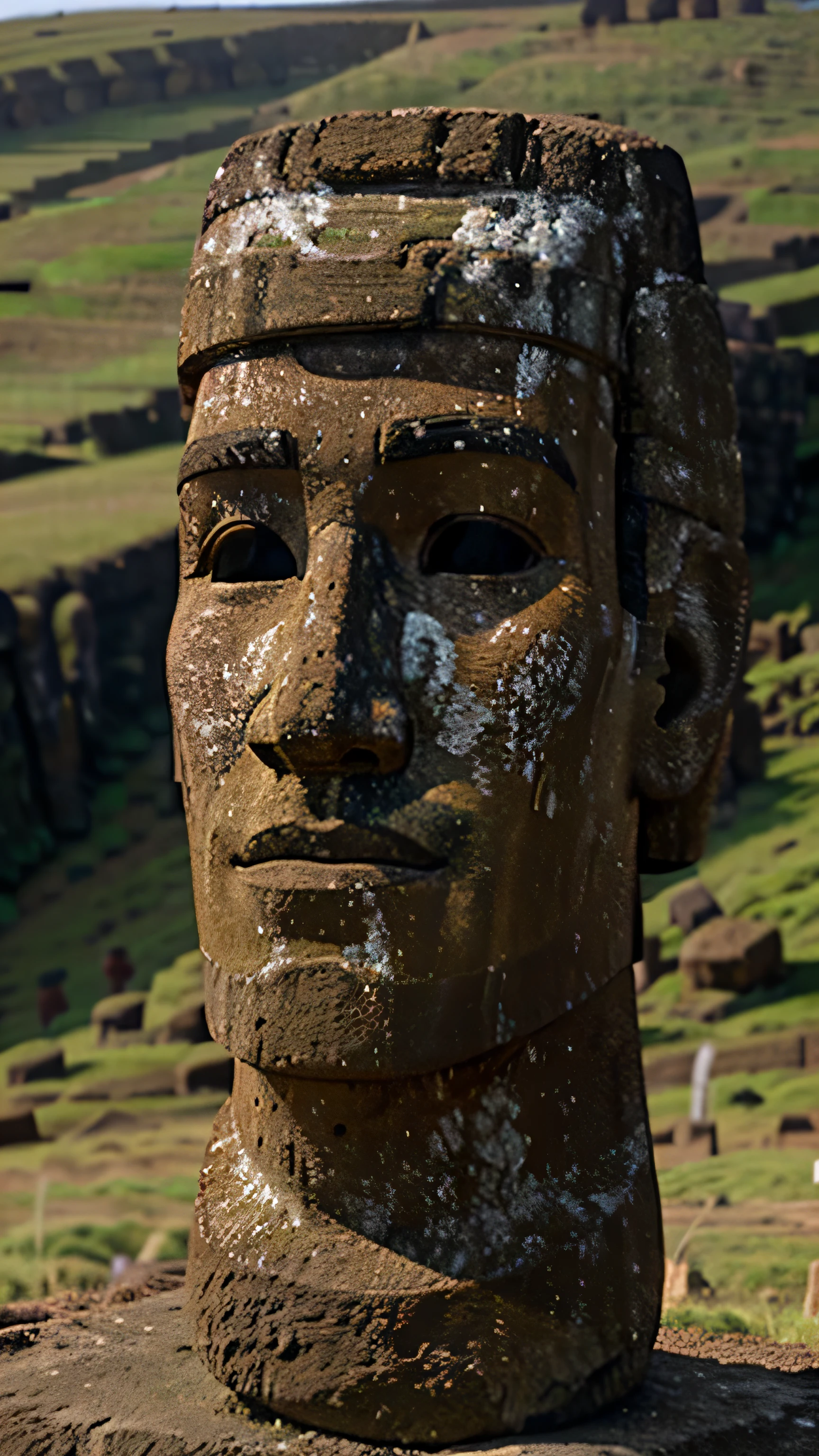 Easter Island and rows of moai statues on the hillsides, 8k, high quality, super detail object