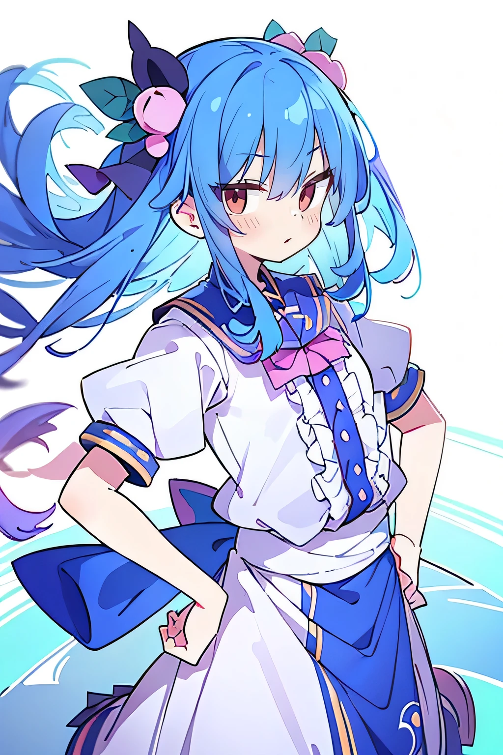 (masterpiece),best quality, expressive eyes, perfect face, 1girl,
Put your hands on your waist,Fair, Gorgeous,japanese manga,girl,Laura,young angel, blue hair, blue haired, floating clothes,grab your waist, grab your waist, hands on hips , hands on hips,flat chest
