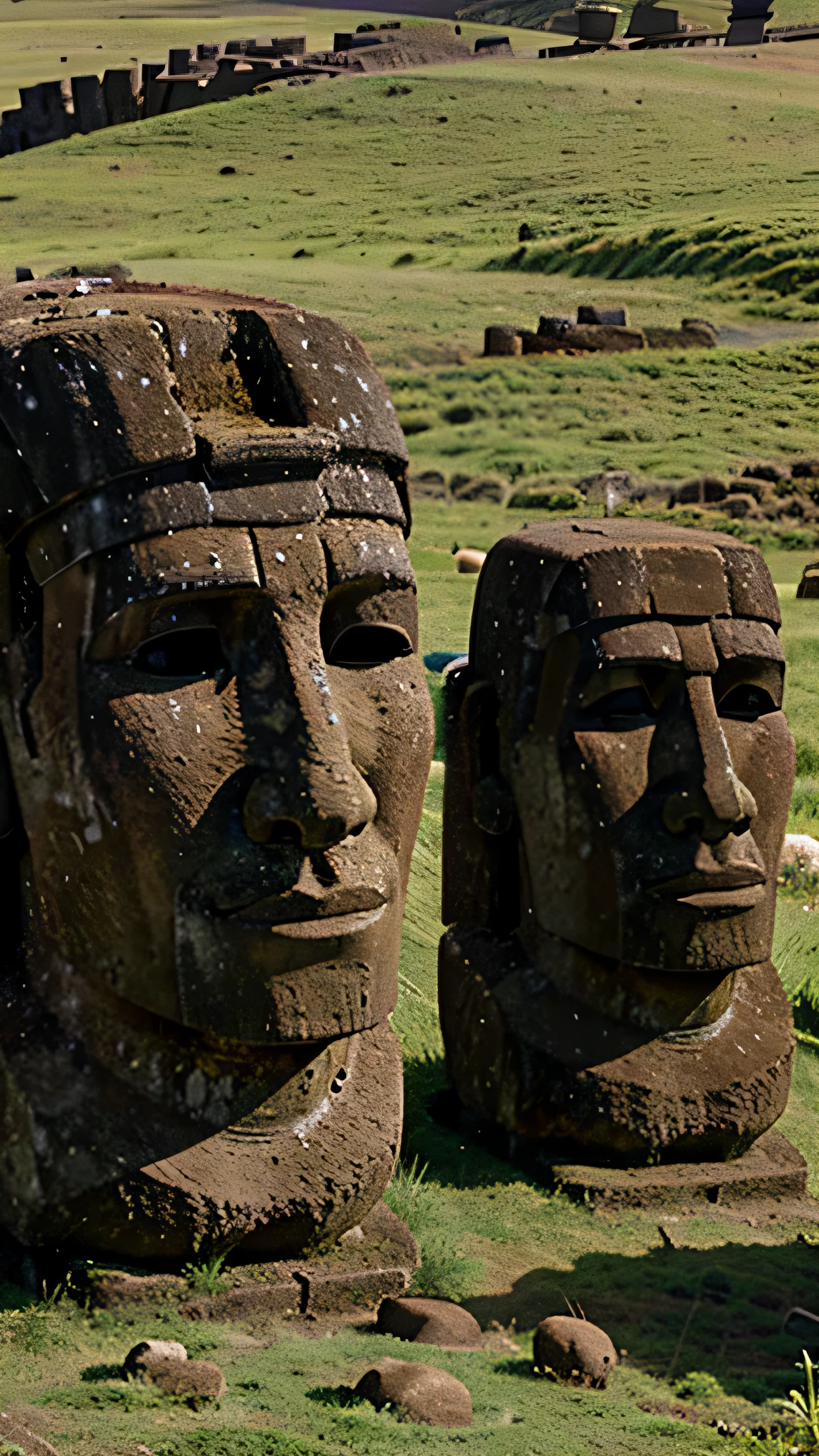 Easter Island and rows of moai statues on the hillsides, 8k, high quality, super detail object