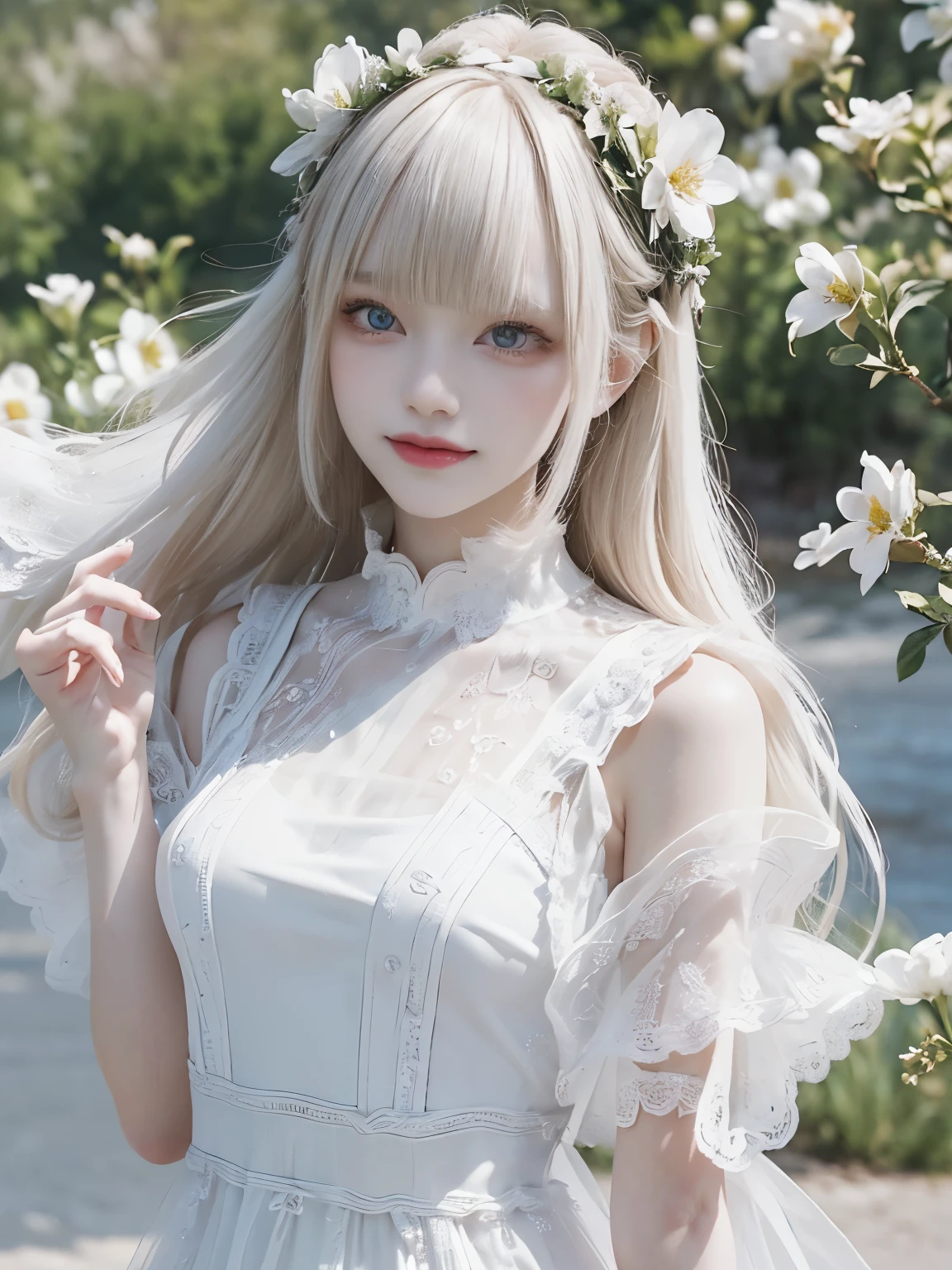 raw photo, 8k, (top-quality), Realistic, (real picture, Intricate details), (natural skin texture, detailed skin, hyper realism, sharpness), full body shot, Japanese girl dancing, (clear sky, white flowers, white petals:1.2, On the mysterious hill where white flowers bloom, jumping high), ((white dress, see-through dress, white flower hair ornament, flower crown, look far away)), (pale skin:1.2), slender body, ((light blond hair:1.3,bun hairstyle, blunt bangs)), (Parted lips:1.3, eye shadow, eyeline, tear bag:1.2, red lip, undereye circle, smile), sunlight, full body shot