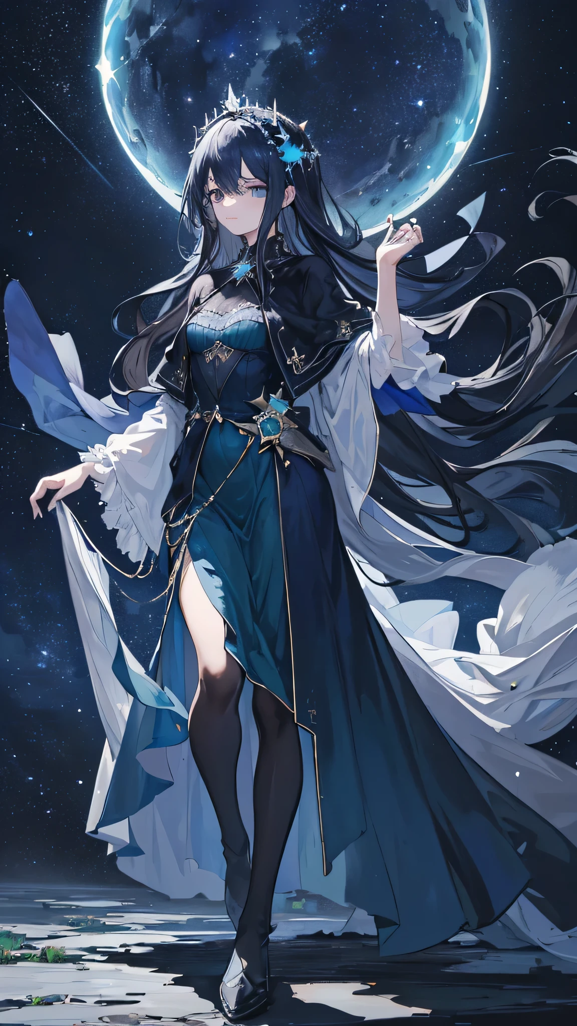 ((Super detailed)),((illustration)),((master paintings)),(((distressed))),((Beautiful and delicate eyes)),(Extremely detailed CG Unity 8K wallpapers,best quality,master paintings),((4K,master paintings,best quality)),A woman who feels like a sister but a little mature,dark blue long hair,Long hair to waist,loose hair,shawl,emerald green eyes,(the only person),The night sky is full of stars,The left hand is slightly raised,There is a ring on the ring finger of the left hand,Dark Blue Oversized Swing Princess Long Dress,Wearing a large navy blue trench coat,There are stars hidden under the skirt,cloak,Dark blue butterflies dance around you,theater background,Star Curtain,Wearing a dark blue veil with stars,sling,on his right hand, He wears gradient blue star gloves,(full body picture),Smaller eyes,(pretty face:1.2),(thinning hair:1.2),((Gorgeous starry sky background)),sit with the stars,The stars are soaring beneath your feet,Stepping on a black hole,dark blue boots