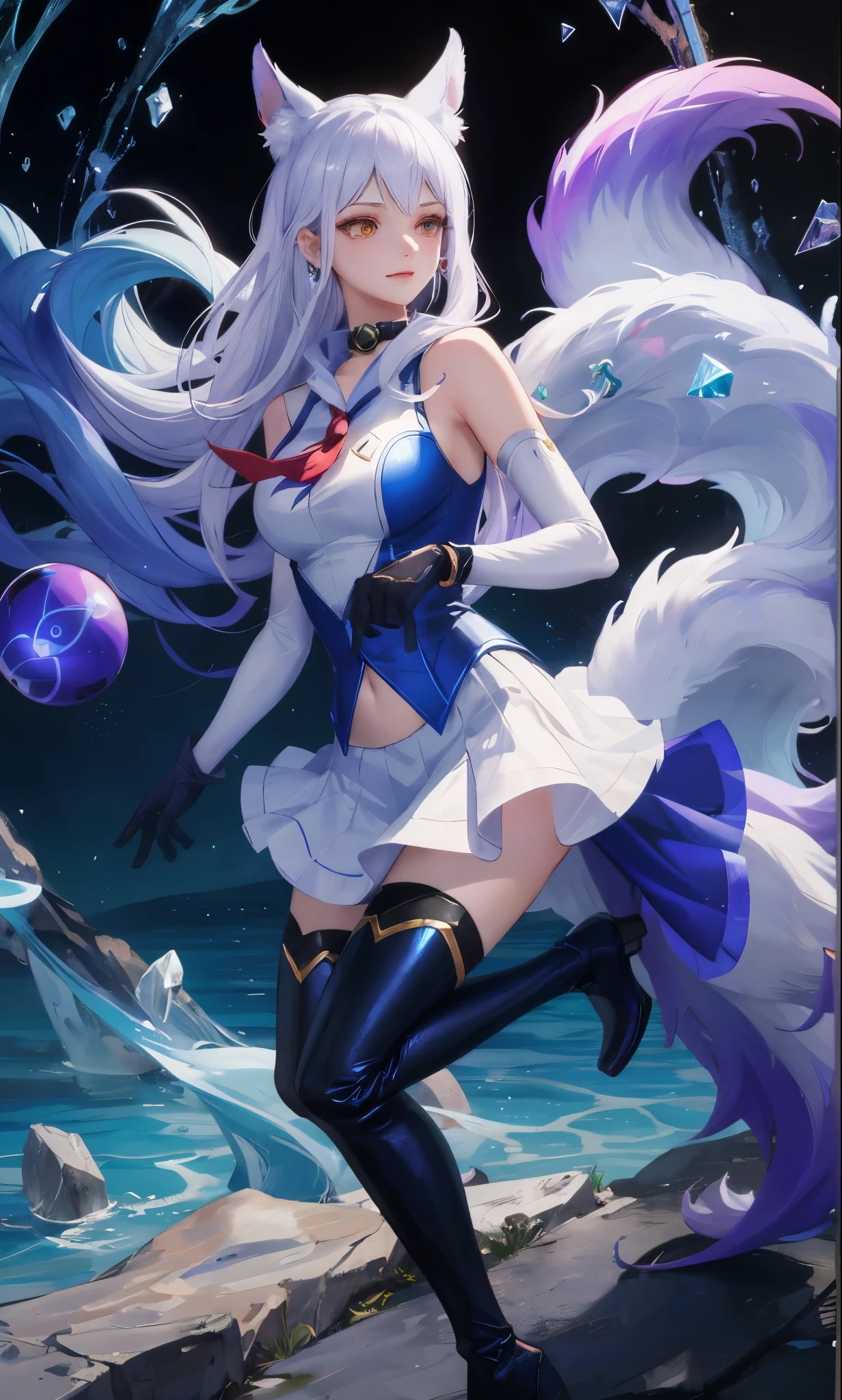 masterpiece, best quality, high resolution, More 1, crown, Sailor Senji, Blue sailor collar, bow, knee high boots, collar, White gloves, blue collar, elbow gloves, jewelry, earrings, blue skirt, Cowboy shooting, sphere, crystal ball, ,Ahri, Ahri \(League of Legends\), k/and \(League of Legends\), bloom \(League of Legends\),Animal ears, facial markings, fox ears, fox Tail, orange eyes, multiple Tails, Tail