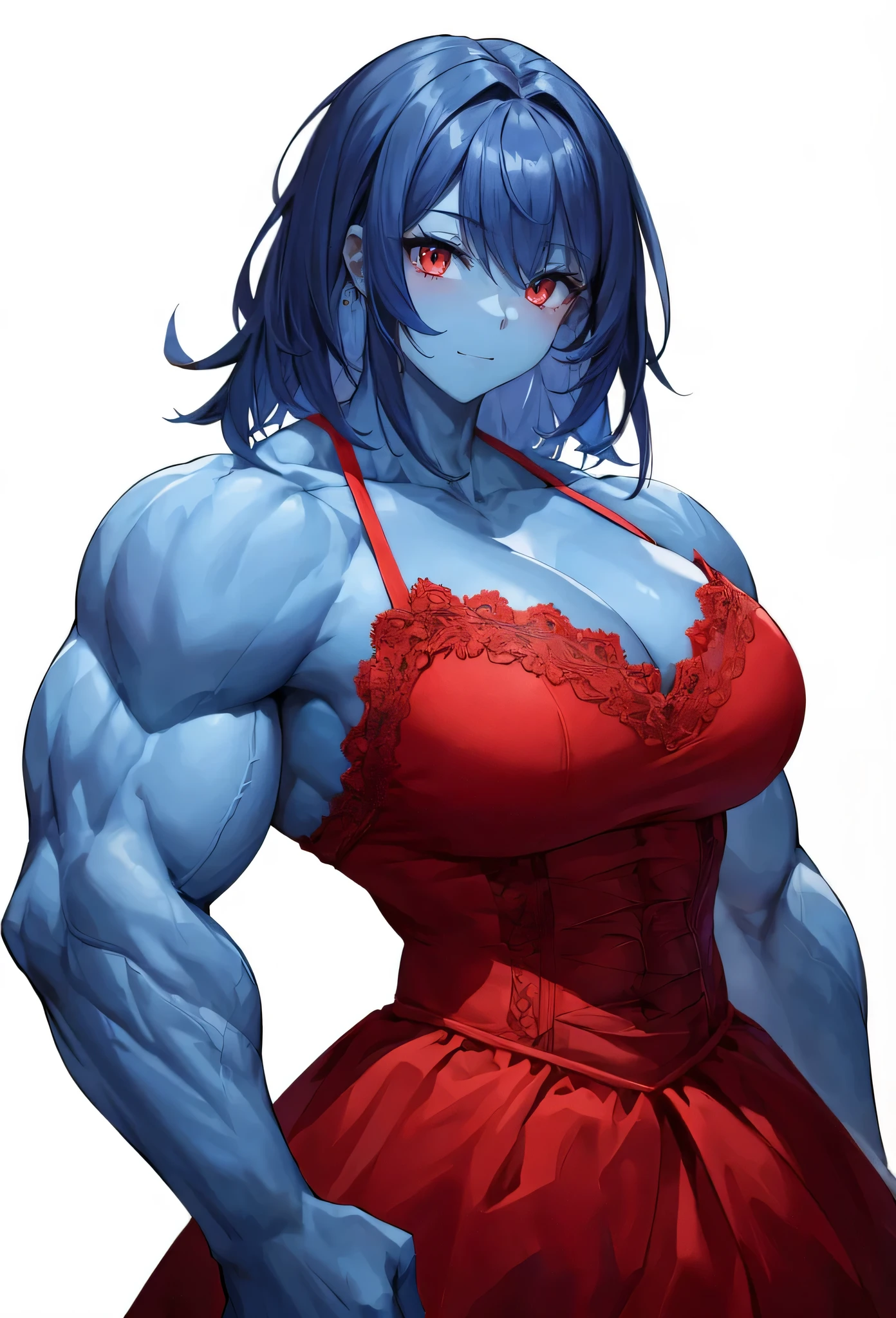 blue skin girl,,muscular female,muscular girl, alternate muscle size, red princess gown with delicate lace,upper body,