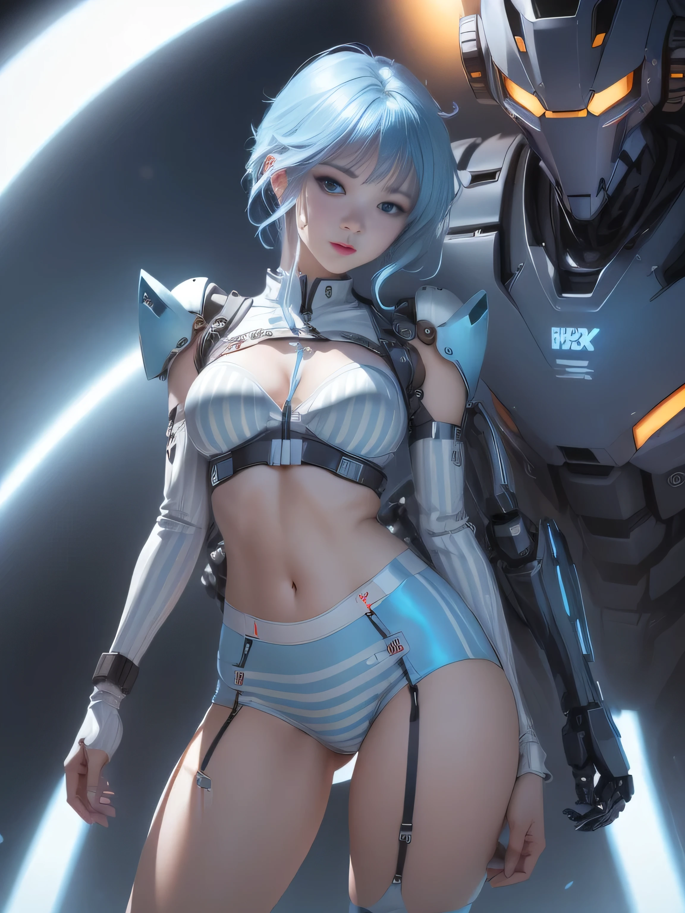 Yukime, Gospel World Yuki Onna, medium blue and white stripes, ((best quality)), ((masterpiece)), (detailed: 1.4), Female robot pilot defines her slender body, neon evangelion style, naked thighs, closed mouth, sexy robot panties, body parts covered with very thin clothing of technology, (((medium breasts)) perfection, generous neckline, ((light blue and white striped clothes)), Argentina, pastel, (((mechanical arm))), Airplane wings on the back, Sky blue short hair with highlights, small short underwear, garter belt, for a lot, Rainbow--V5, close to the real thing, best quality, almost naked, psycho, my face turned red, Happy, sexy pose, psychedelic background, Two-piece clothing, dibujos de sol de la bandera de Argentina, cyber punk, sun and dark blue bra, (((Clothes with robot laces and lights ))), pointed shoulder pads, blue eyes without pupils, HDR (high dynamic range),ray tracing,NVIDIA RTX,super resolution,unreal 5,Dispersed underground, PBR texture, Post-processing, anisotropic filtering, Depth of the bounds written, Maximum clarity and sharpness, multilayer texture, Albedo and specular maps, surface shading, Accurate simulation of light-matter interactions, proporciones perfectionas, octane rendering, 2 color illumination, wide opening, Low ISO, White balance, Rule of thirds, 8K RAW, crisis nano suit、random angle、