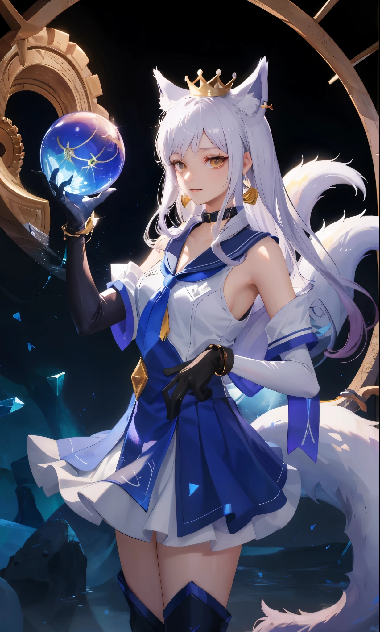 masterpiece, best quality, high resolution, More 1, crown, Sailor Senji, Blue sailor collar, bow, knee high boots, collar, White gloves, blue collar, elbow gloves, jewelry, earrings, blue skirt, Cowboy shooting, sphere, crystal ball, ,Ahri, Ahri \(League of Legends\), k/and \(League of Legends\), bloom \(League of Legends\)，Animal ears, facial markings, fox ears, fox Tail, orange eyes, multiple Tails, Tail