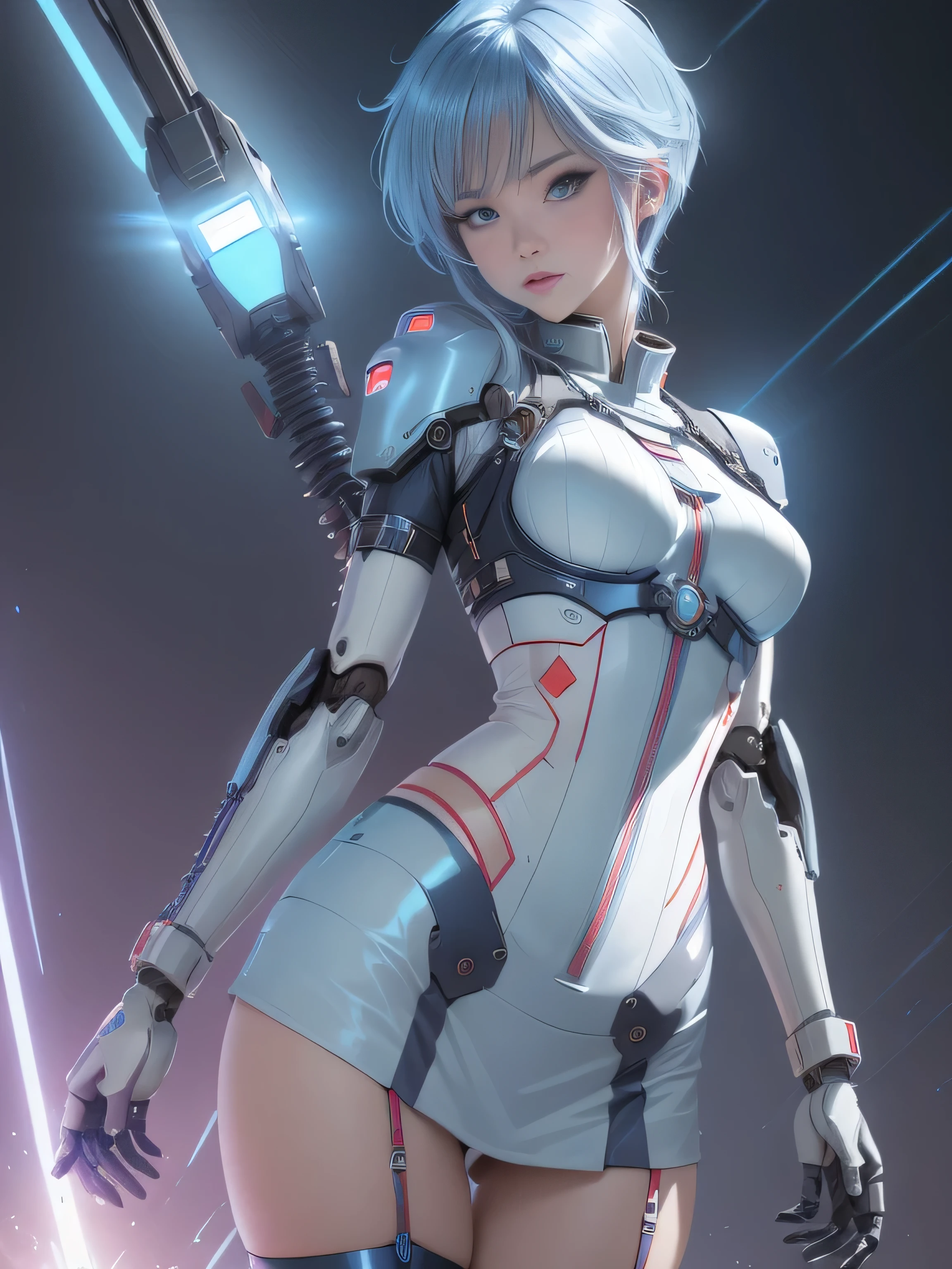 Yukime, Gospel World Yuki Onna, medium blue and white stripes, ((best quality)), ((masterpiece)), (detailed: 1.4), Female robot pilot defines her slender body, neon evangelion style, naked thighs, closed mouth, sexy robot panties, body parts covered with very thin clothing of technology, (((medium breasts)) perfection, generous neckline, ((light blue and white striped clothes)), Argentina, pastel, (((mechanical arm))), Airplane wings on the back, Sky blue short hair with highlights, small short underwear, garter belt, for a lot, Rainbow--V5, close to the real thing, best quality, almost naked, psycho, my face turned red, Happy, sexy pose, psychedelic background, Two-piece clothing, dibujos de sol de la bandera de Argentina, cyber punk, sun and dark blue bra, (((Clothes with robot laces and lights ))), pointed shoulder pads, blue eyes without pupils, HDR (high dynamic range),ray tracing,NVIDIA RTX,super resolution,unreal 5,Dispersed underground, PBR texture, Post-processing, anisotropic filtering, Depth of the bounds written, Maximum clarity and sharpness, multilayer texture, Albedo and specular maps, surface shading, Accurate simulation of light-matter interactions, proporciones perfectionas, octane rendering, 2 color illumination, wide opening, Low ISO, White balance, Rule of thirds, 8K RAW, crisis nano suit、random angle、