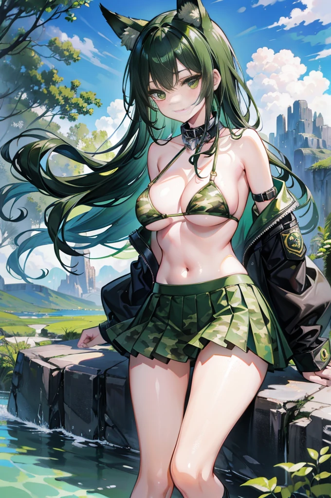 high quality, masterpiece, super detailed, 1 girl,  extremely detailed faces,long black hair， green camo bikini，Green camouflage pleated skirt，green camouflage gloves，Green Camouflage Fishnet Socks，handcuffs，collar，Calm expression,Smile，handcuffs，collar，long black hair, charming pink eyes, fox ears, Ridiculously big, skin shiny, mountain stream，creek，