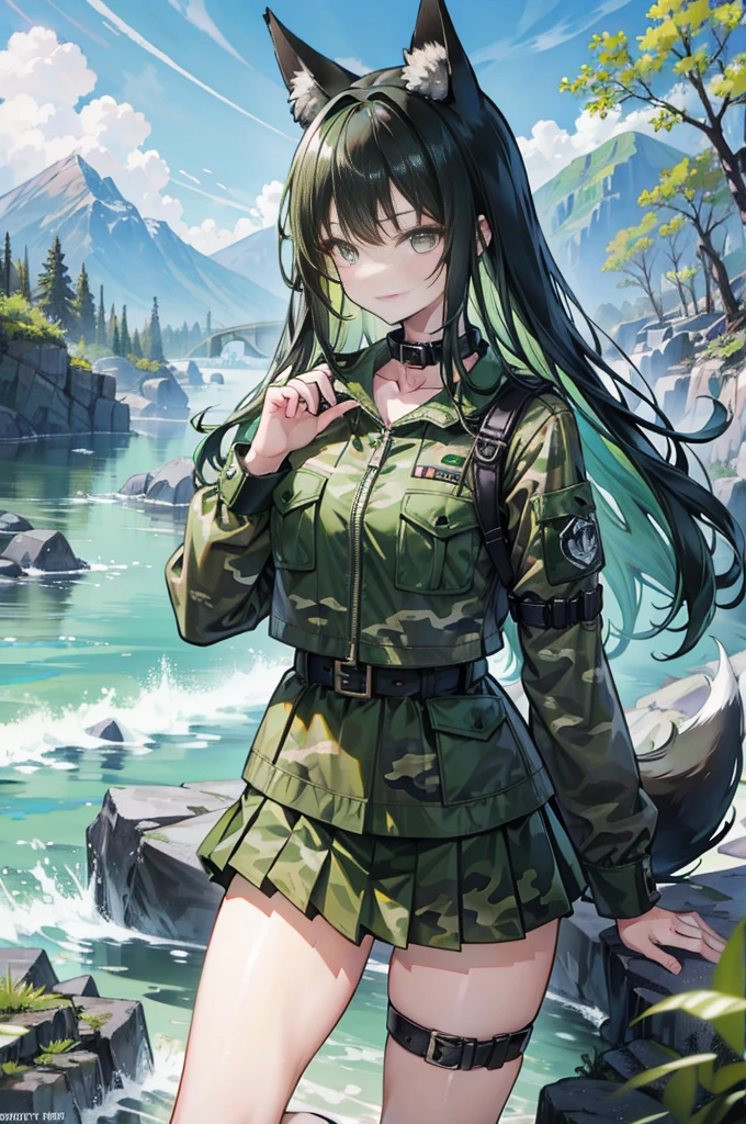 high quality, masterpiece, super detailed, 1 girl,  extremely detailed faces,long black hair， green camo bikini，Green camouflage pleated skirt，green camouflage gloves，Green Camouflage Fishnet Socks，handcuffs，collar，Calm expression,Smile，handcuffs，collar，long black hair, charming pink eyes, fox ears, Ridiculously big, skin shiny, mountain stream，creek，