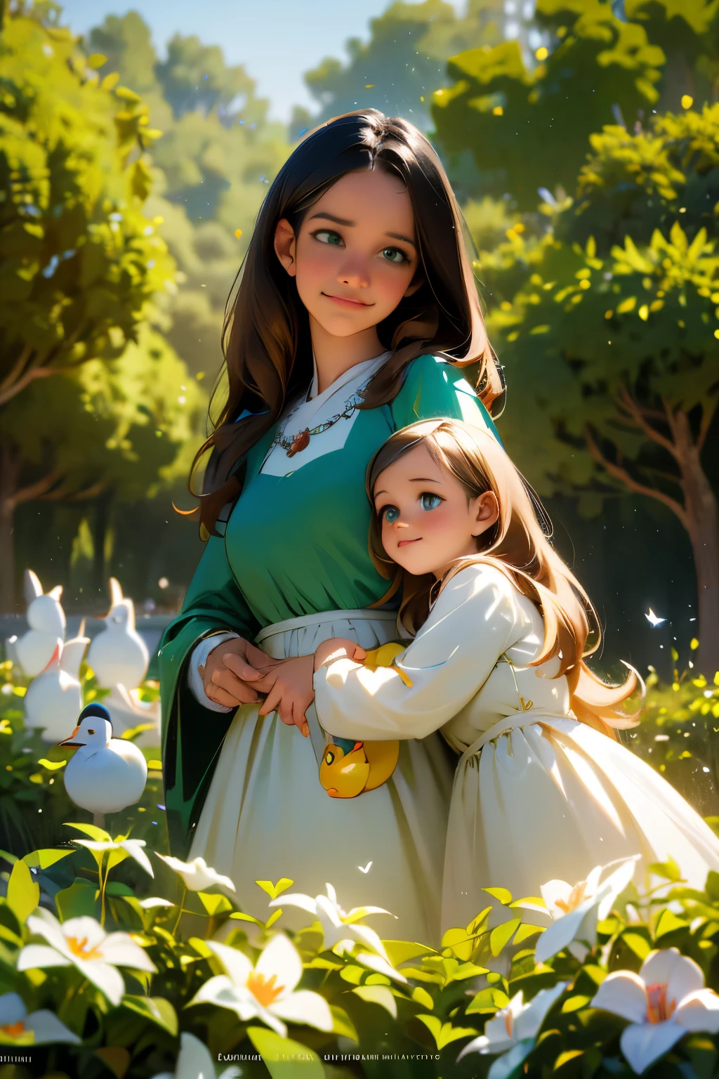 Disney Pixar cartoon style (high resolution: 1.2),Happy moment, medieval mother and three daughters, go shopping at village market, cheer, bunnies and duck, beautiful detailed eyes, lush green garden, long flowing hair, traditional medieval clothes, castle in the background, soft natural light, portrait, realistic colors, tranquil atmosphere, immaculate details, classic oil painting, antique style, jewel-toned stained glass windows, flowers blooming lushly, butterflies and birds flutter around, stories and mysteries revealed, an enchanting tale of love and family. cute face.