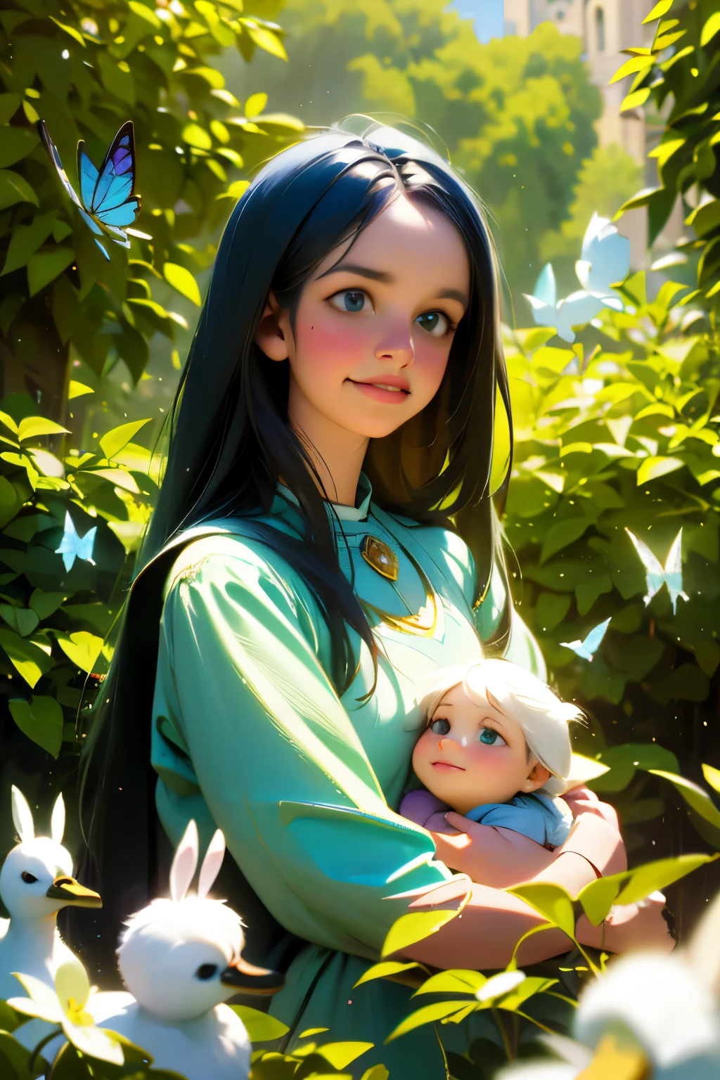 Disney Pixar cartoon style (high resolution: 1.2),Happy moment, medieval mother and three daughters, go shopping at village market, cheer, bunnies and duck, beautiful detailed eyes, lush green garden, long flowing hair, traditional medieval clothes, castle in the background, soft natural light, portrait, realistic colors, tranquil atmosphere, immaculate details, classic oil painting, antique style, jewel-toned stained glass windows, flowers blooming lushly, butterflies and birds flutter around, stories and mysteries revealed, an enchanting tale of love and family. cute face.