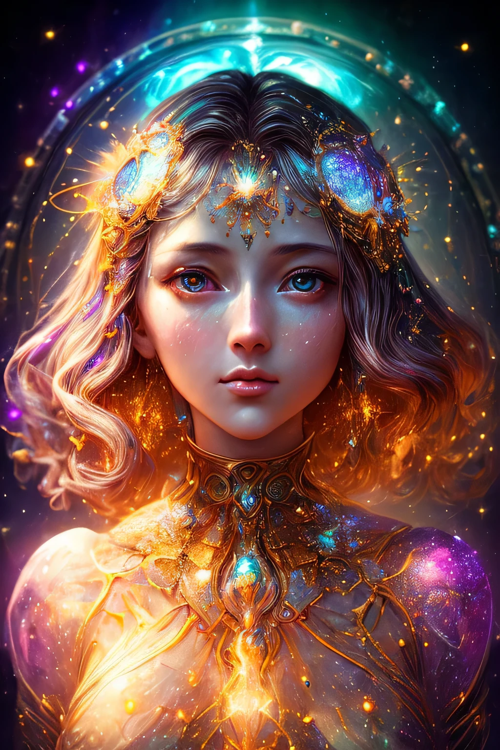 ((best quality)), ((masterpiece)), ((realistic)), portrait,
1girl, celestial, deity, goddess, light particles, halo, looking at viewer,
(bioluminescent:0.95) ocean, bioluminescent, vibrant, colourful, color, (glowing, glow),
(beautiful composition), cinematic lighting, intricate, (symmetrical:0.5), whimsical,