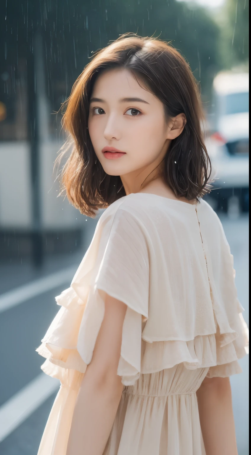 ((Best Quality, 8k, Masterpiece:1.3)), Focus:1.2, Perfect Body Beauty:1.4, Buttocks:1.2, ((Layered Haircut, Breasts:1.2)), (Wet Clothes:1.1) , (Rain, Street:1.3), Bandeau Dress: 1.1, Highly Detailed Face and Skin Texture, Fine Eyes, Double Eyelids, Whitened Skin, Long Hair, (Shut Up: 1.3), LiuYaSe