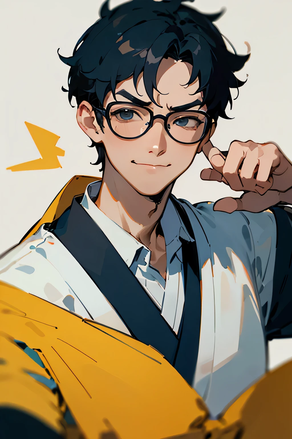 ((highest quality)), ((masterpiece)), Japanese,8K,(be familiar with),Department of Physical Education,(((school uniform))),Portrait,((male)),((serious)),((sober)),perfect face,comics,short hair,black hair,Glasses,((one person)),Otaku,Nerd,smile