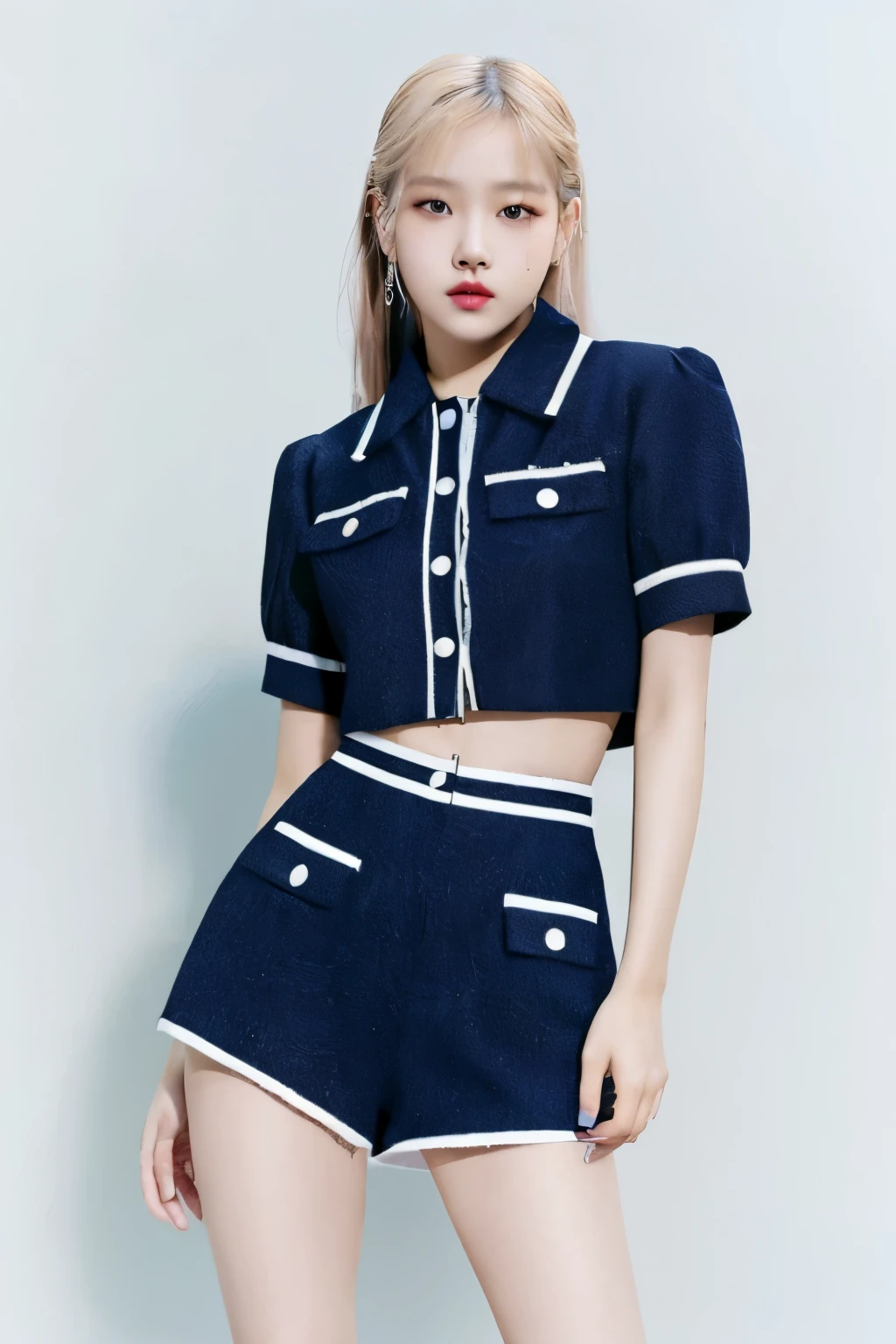 a woman in a nude posing for a picture, jia, lalisa manoban of blackpink, roseanne park of blackpink, lalisa manobal, jossi of blackpink, bae suzy, regal dark blue clothes, cropped shirt with jacket, dark blue clothes, jisoo from blackpink, krystal, tzuyu from twice, sun yunjoo,