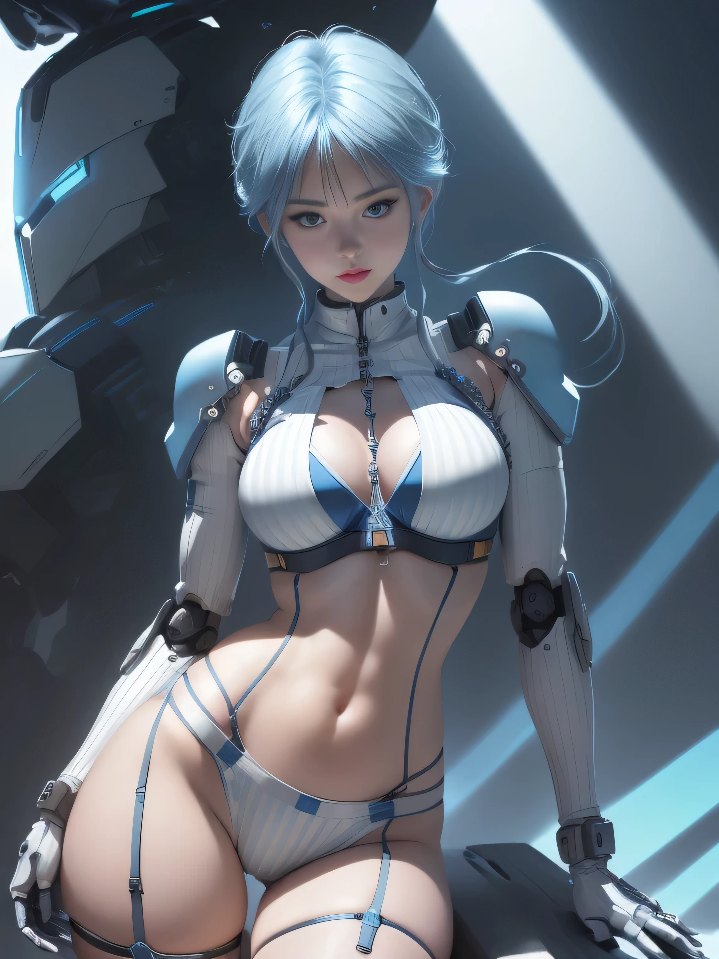 Yukime, Gospel World Yuki Onna, medium blue and white stripes, ((best quality)), ((masterpiece)), (detailed: 1.4), Female robot pilot defines her slender body, neon evangelion style, naked thighs, closed mouth, sexy robot panties, body parts covered with very thin clothing of technology, (((medium breasts)) perfection, generous neckline, ((light blue and white striped clothes)), Argentina, pastel, (((mechanical arm))), Airplane wings on the back, Sky blue short hair with highlights, small short underwear, garter belt, for a lot, Rainbow--V5, close to the real thing, best quality, almost naked, psycho, my face turned red, Happy, Pose that emphasizes the chest, cyber punk background, Two-piece clothing, dibujos de sol de la bandera de Argentina, cyber punk, sun and dark blue bra, (((Clothes with robot laces and lights ))), pointed shoulder pads, blue eyes without pupils, HDR (high dynamic range),ray tracing,NVIDIA RTX,super resolution,unreal 5,Dispersed underground, PBR texture, Post-processing, anisotropic filtering, Depth of the bounds written, Maximum clarity and sharpness, multilayer texture, Albedo and specular maps, surface shading, Accurate simulation of light-matter interactions, proporciones perfectionas, octane rendering, 2 color illumination, wide opening, Low ISO, White balance, Rule of thirds, 8K RAW, crisis nano suit、random angle、