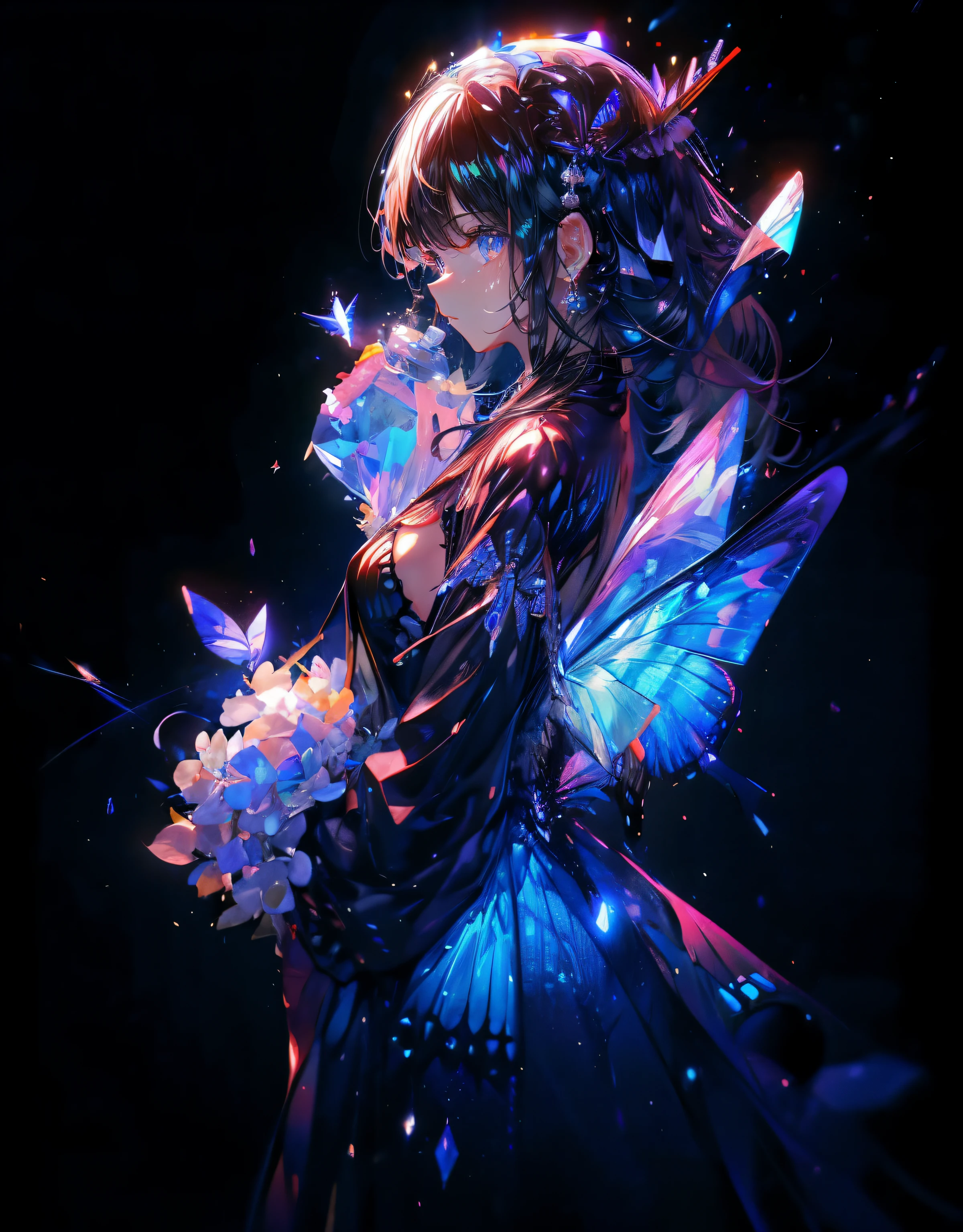 {{masterpiece, best quality, Extremely detailed CG, unified 8k wallpaper, movie lighting, }}, Butterfly，Dreamy purple butterfly，（Pure black background），crystal shard，A little bit of light，Tyndall effect，（plain background），（nobody），no one