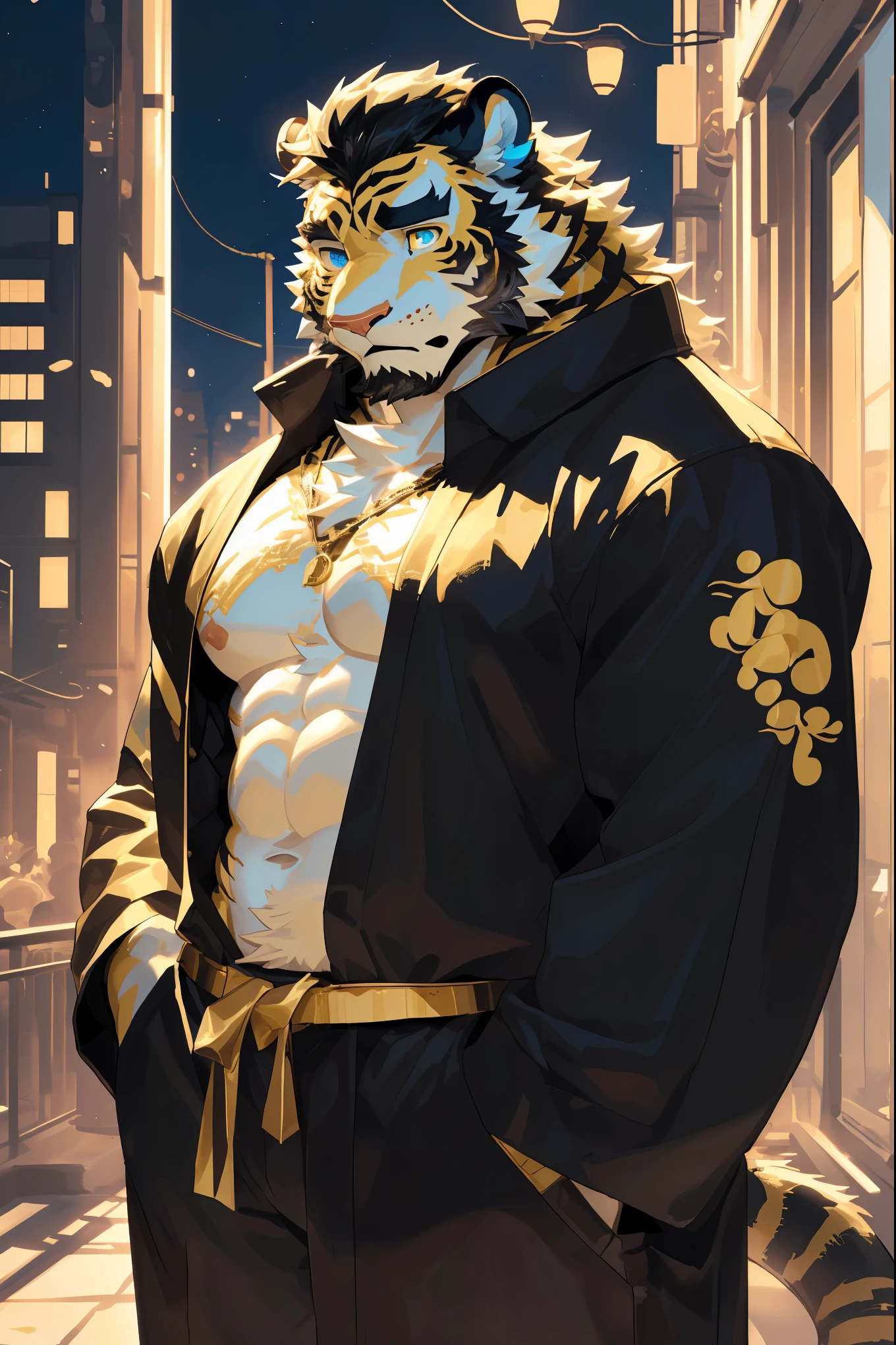 (scarred body:1.5),(Wearing a black robe embroidered with gold patterns:1.5),king,16k high quality detailed art,(Wearing royal accessories:1.3),(Golden Tiger:1.1), (((white and gold fur:1.5))),(Dark cool two-tone),(a pair of eyes of different colors, One eye has a golden pupil，The other eye has a blue pupil:1.7),(muscular body:1.2),Handsome,(OK),(perfect face),(exhausted:1.1),(golden and white skin:1.3),(full body description:1.3),Publaz, (Golden Tiger:1.1), (((golden and white fur:1.3))),Handsome, (OK),Express,(city lights background),(Eyes full of surprise and confusion:1.3),(Golden Tiger tail),不同的Express,(perfect masterpiece),(32k),(abdominal muscles:1.3),(((middle aged:1.4))),(36 years old),(golden stripes),alone,(black sideburns:1.2),(black beard:1.3),(black chin:1.3),(golden face pattern:1),(The facial details are very rich:1.3),(Strong),Half body,(Scratching his head with his hands:1.3),Front view,(CG),(HD),(black hair)