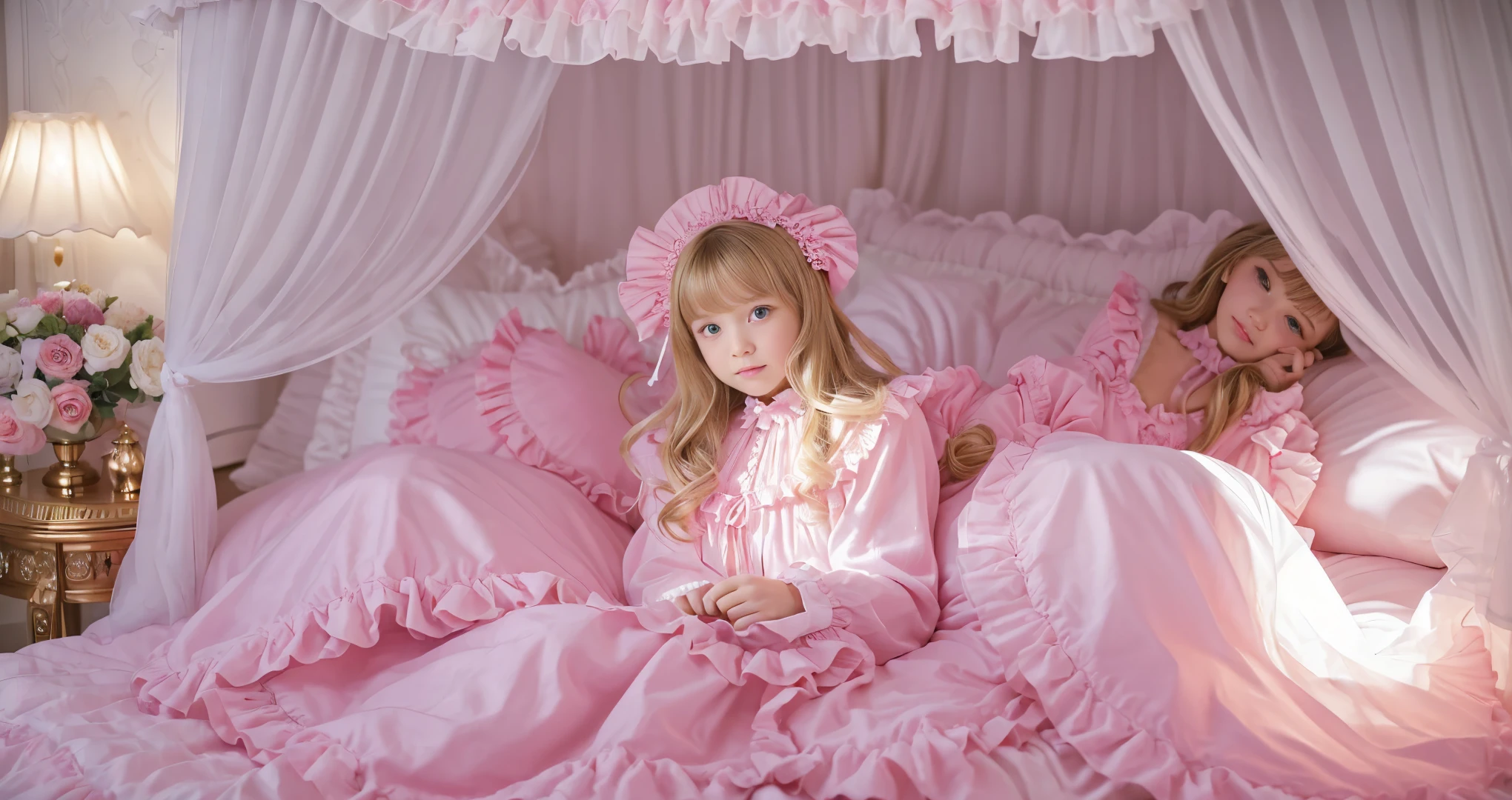,highest quality, masterpiece, highest resolution, artwork, super それにget used to it, many get used to it, get used to it, それにget used to it, 3K realistic photos,(( 10 year old girl)),Super detailed baby face,high quality small face,long blonde hair that grows to the waist,blue eyes,白い肌のeuropean,pajamas, european,(((super long blonde hair))),curly hair,blue eyes,((((ピンクのロリータファッションのlong skirtのワンピースドレス)))),((Pink nightgown with lots of frills and ribbons)),((Luxurious headdress with frills and ribbons)),detailed headdress,,(((big yoke collar))),Yoke collar with ruffles and ribbons,((((long sleeve)))),ruffle sleeves,((((long skirt)))),white ruffle and lace socks,large frill and ribbon pillow,(((Nice pink outfit))),豪華なcanopy bedの上,canopy bed,The bed is surrounded by luxurious curtains,many frilly pillows on the bed,There are many frilly pillows behind the girl.,super detailed background,detailed bed,soft pink comforter,Highly detailed soft ruffle pillow,Beautiful girl illustration,detailed beautiful face,thin hair,detailed eye ,detailed eyes,detailed mouth, arm details,fine hands,Detailed pillow,wide bed,Illustration on the bed, ,((((round futon)))),((((A large ruffled futon that covers the entire bed)))),detailed comforter,detailed bedシーツ,Before bedtime,romantic atmosphere,palace bedroom,((((The lower body is completely covered with a large cloth。, swollen futon..)))) The girl is leaning on a pile of pillows, ,((((round futon)))),((((A large ruffled futon that covers the entire bed)))),