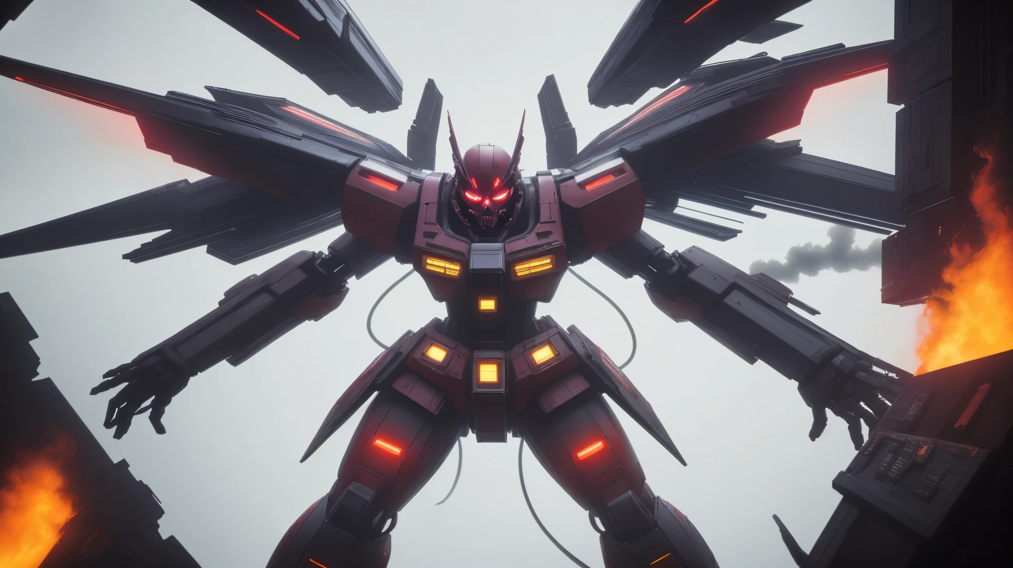 Gundam with a skull face, in a mecha anime style, inside the Gundam cockpit, flames and smoke coming out from underneath, the colors are dark purple, red and black, there is an emblem made up of two wings at its center, with vibrant colors and high contrast. The whole scene gives off a sense of power and intensity, with neon lights adding to the futuristic atmosphere.