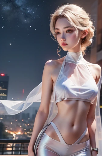 masterpiece, Beautiful urban female model, Standing in white transparent clothes under the empty night stars, disappearing transparent pants, Standing whole body, tall figure, Slender legs, facial details, Detailed body part details, 8k wallpaper