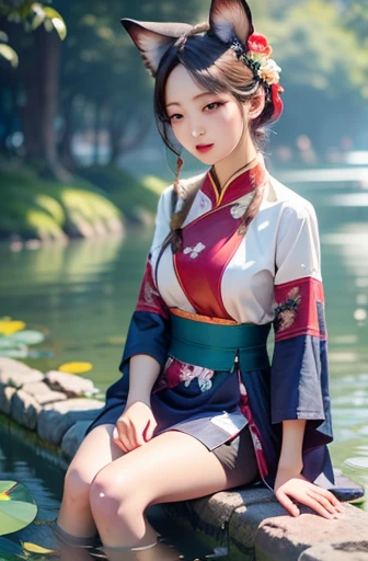 Ridiculous, high resolution, Super detailed, (1 girl:1.3), Hand Painted, Simple lines,  girl wearing colorful Chinese Hanfu, Sexy fox eared girl, By the lotus pond, masterpiece, sit in the water, floating clothes, flowing hair