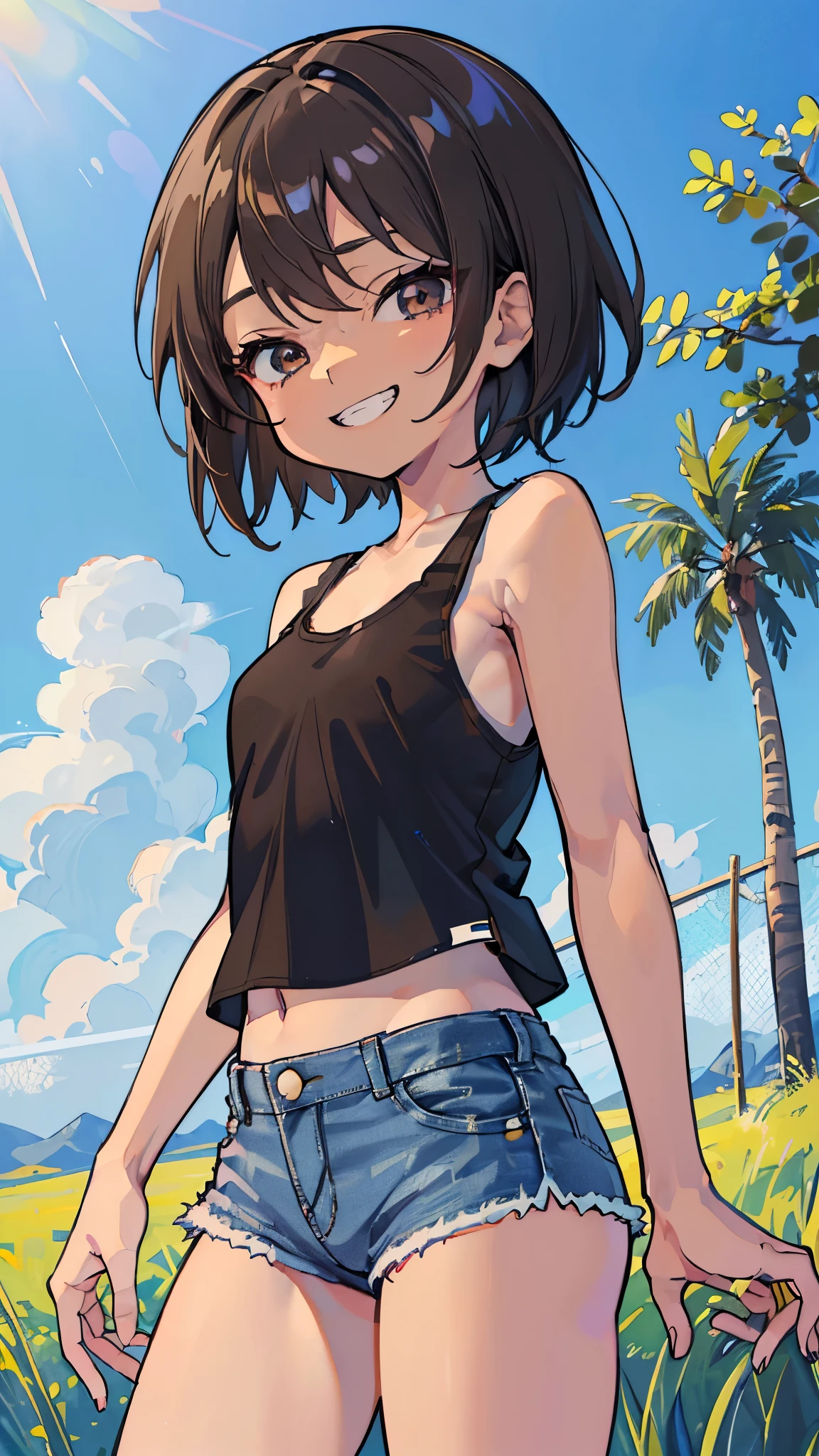 (8K、Highest image quality、highest quality、masterpiece)、detailed face、((one ****))、((brown skin:1.2))、black hair、very short hair、gray eyes、evil smile、((grin))、small breasts、((white tank top))、((denim short shorts))、cowboy shot、grass background