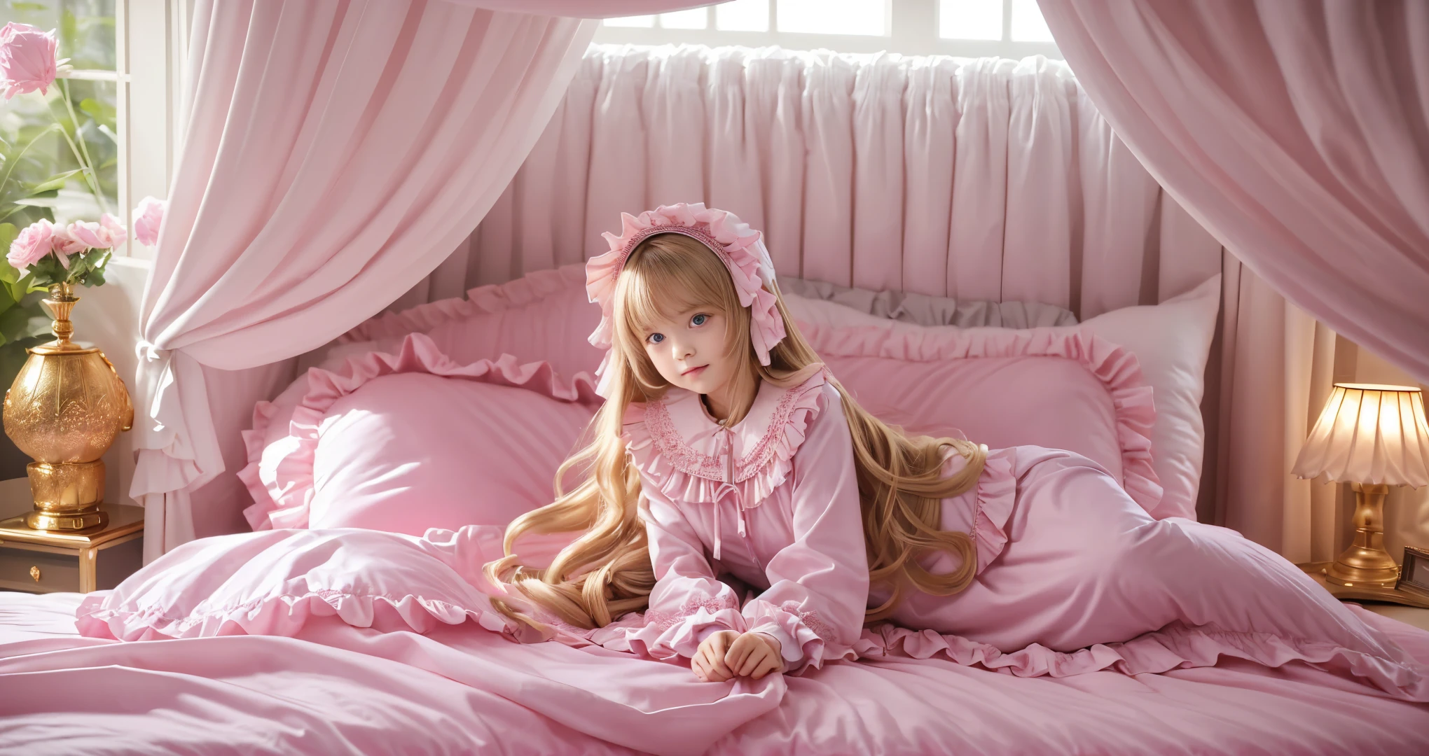 ,highest quality, masterpiece, highest resolution, artwork, super それにget used to it, many get used to it, get used to it, それにget used to it, 3K realistic photos,(( 10 year old girl)),Super detailed baby face,high quality small face,long blonde hair that grows to the waist,blue eyes,白い肌のeuropean,pajamas, european,(((super long blonde hair))),curly hair,blue eyes,((((ピンクのロリータファッションのlong skirtのワンピースドレス)))),((Pink nightgown with lots of frills and ribbons)),((Luxurious headdress with frills and ribbons)),detailed headdress,,(((big yoke collar))),Yoke collar with ruffles and ribbons,((((long sleeve)))),ruffle sleeves,((((long skirt)))),white ruffle and lace socks,large frill and ribbon pillow,(((Nice pink outfit))),豪華なcanopy bedの上,canopy bed,The bed is surrounded by luxurious curtains,many frilly pillows on the bed,There are many frilly pillows behind the girl.,super detailed background,detailed bed,soft pink comforter,Highly detailed soft ruffle pillow,Beautiful girl illustration,detailed beautiful face,thin hair,detailed eye ,detailed eyes,detailed mouth, arm details,fine hands,Detailed pillow,wide bed,Illustration on the bed, ,((((round futon)))),((((A large ruffled futon that covers the entire bed)))),detailed comforter,detailed bedシーツ,Before bedtime,romantic atmosphere,palace bedroom,((((The lower body is completely covered with a large cloth。, swollen futon..)))) The girl is leaning on a pile of pillows, ,((((round futon)))),((((A large ruffled futon that covers the entire bed)))),