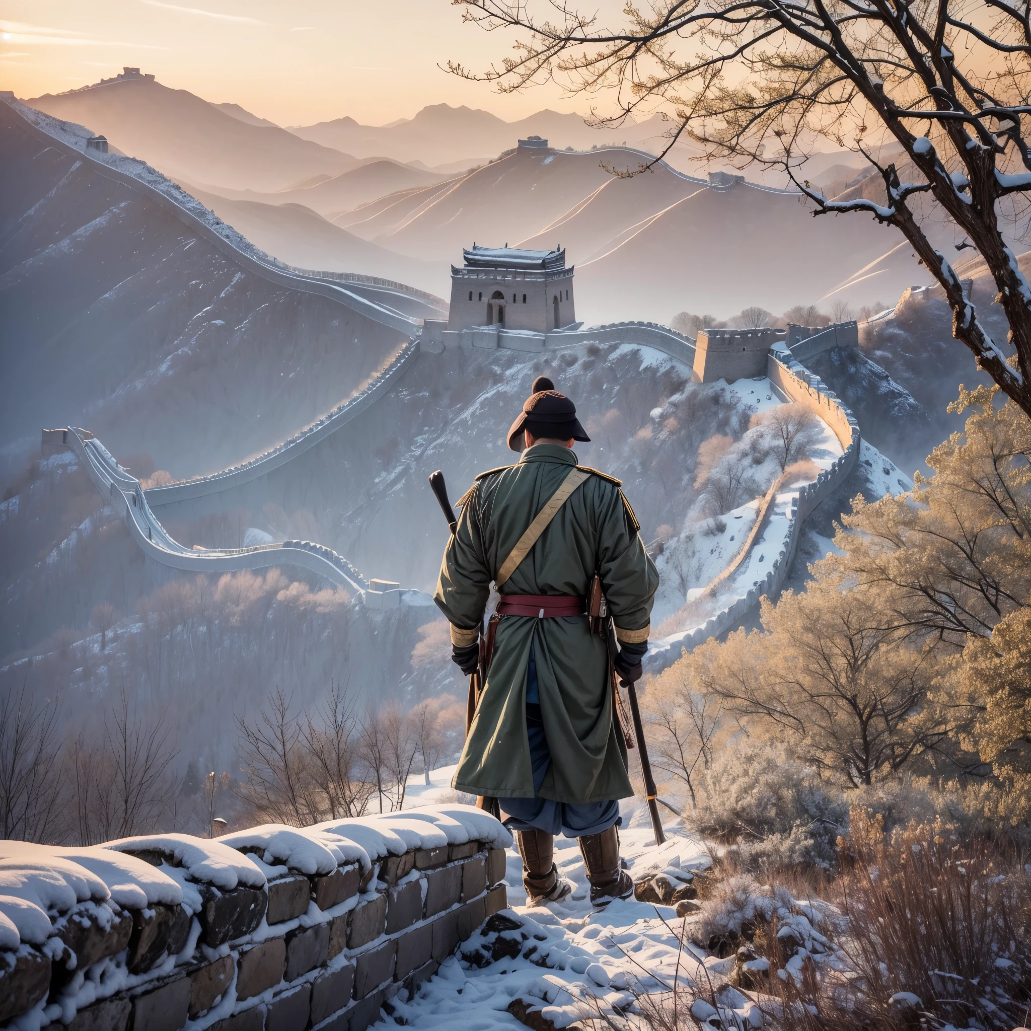 Masterpiece, In the crisp dawn of a winter morning in 1400 AD, a Chinese border guard of the Ming Dynasty patrols the Great Wall, vigilant against the looming threat of Mongolian invaders. Cloaked in frost, the ancient barrier snakes through the rugged landscape near the Yin Mountains on the Mongolian border. The guard's breath mists in the cold air, his silhouette stark against the rising sun that bathes the snow-dusted stones in golden light. His eyes are alert, scanning the horizon for any sign of danger, a lone sentinel in a timeless struggle , UHD, RAW, wide angle, FOV, sunrise lighting, natural lighting, the Great China wall across the Yin Mountains in winter in the Background