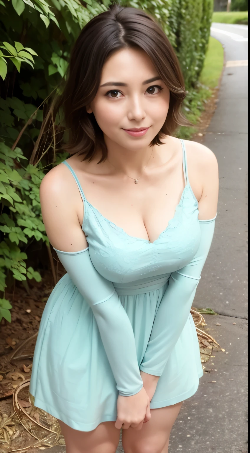 ((highest quality, 8k, masterpiece:1.3)), whole body, sharp focus:1.2, beautiful woman with perfect figure:1.4, slender abs:1.1, The background is a park, ((shortcut, big breasts:1.2)), (Wearing a summer dress, looking at the viewer:1.2), Highly detailed face and skin texture, detailed eyes, double eyelid, 25 year old woman, mature woman