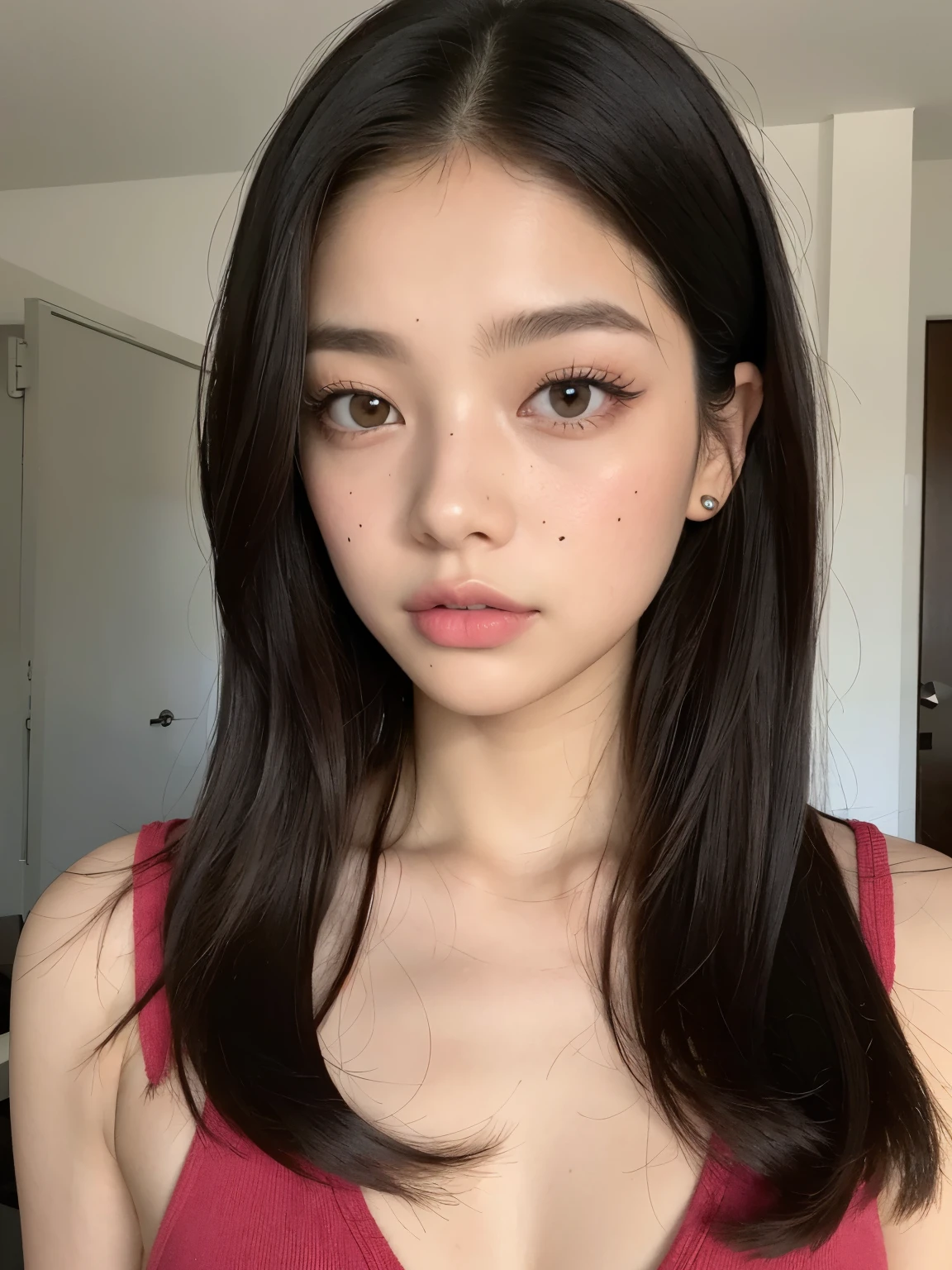 Kim Jennie de blackpink con el cabello rubio claro, cabello rubio con ondulado, cabello de color rubio ondulado, with small fringes, ojos color negro, nariz respingada y bonita, labios gruesos, Cupid and heart shaped lips....., labios rosas, pale, piel blanca, piel bonita y suave, con pecas y lunares, cejas bonitas, marked and beautiful clavicle, mientras tiene un polo con rosas color rojo tinto, rojo oscuro, con ropa interior femenina, con un short corto, short bonito y corto, abdomen delgado y bonito, escote desnudo, (pechos grandes, pechos suaves, pechos naturales, escote desnudo), mientras agarra una rosa,  mirando a la camara, autofoto