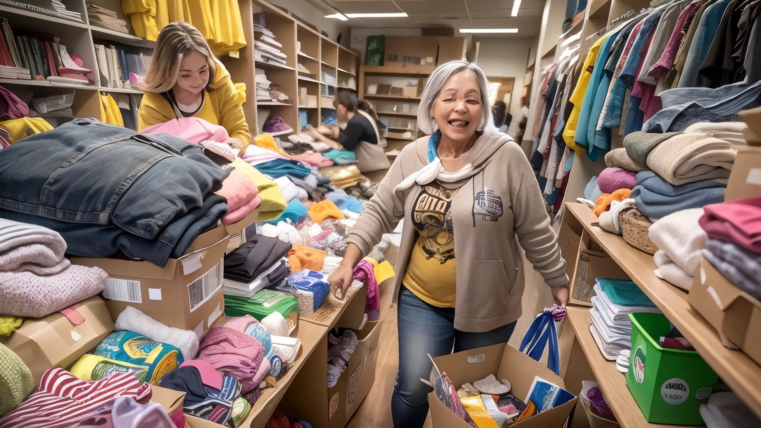 a person donating their unused belongings to a charity,spreading joy through giving,helping those in need,caring for the community,kind-hearted person,grateful recipient of the donations,huge piles of clothes and household items,bright and welcoming charity shop,organized shelves stacked with various items,friendly volunteers assisting with the donations,sustainable and eco-friendly practices,smiling faces of the people involved,generosity and compassion towards others,beautifully arranged displays of second-hand items,a sense of purpose and fulfillment,lots of people gathered together for a good cause,expressing gratitude and appreciation for the act of giving,variety of objects being donated,filled with hope and positive energy,overflowing goodness and abundance in the act of giving,bringing joy and happiness to someone in need,a heartwarming scene of community engagement and support,the power of small actions to make a big difference,charitable act that creates a ripple effect,changing lives through acts of kindness,acts of giving that transcend material possessions,creating a brighter future through donations,strong sense of unity and togetherness,cultivating a spirit of empathy and connection,collaborative efforts to create positive change,bright colors and uplifting atmosphere,inspiring others to follow suit and give back,spreading warmth and love through sharing,transforming lives through the act of donation.