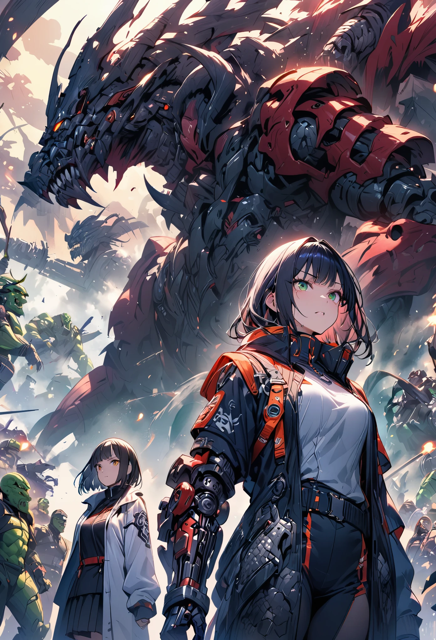 (best quality), Oriental detailed background, Science fiction,Mechanical arm,girl and guy , war, Monster Legion, technical clothing,, Uniform