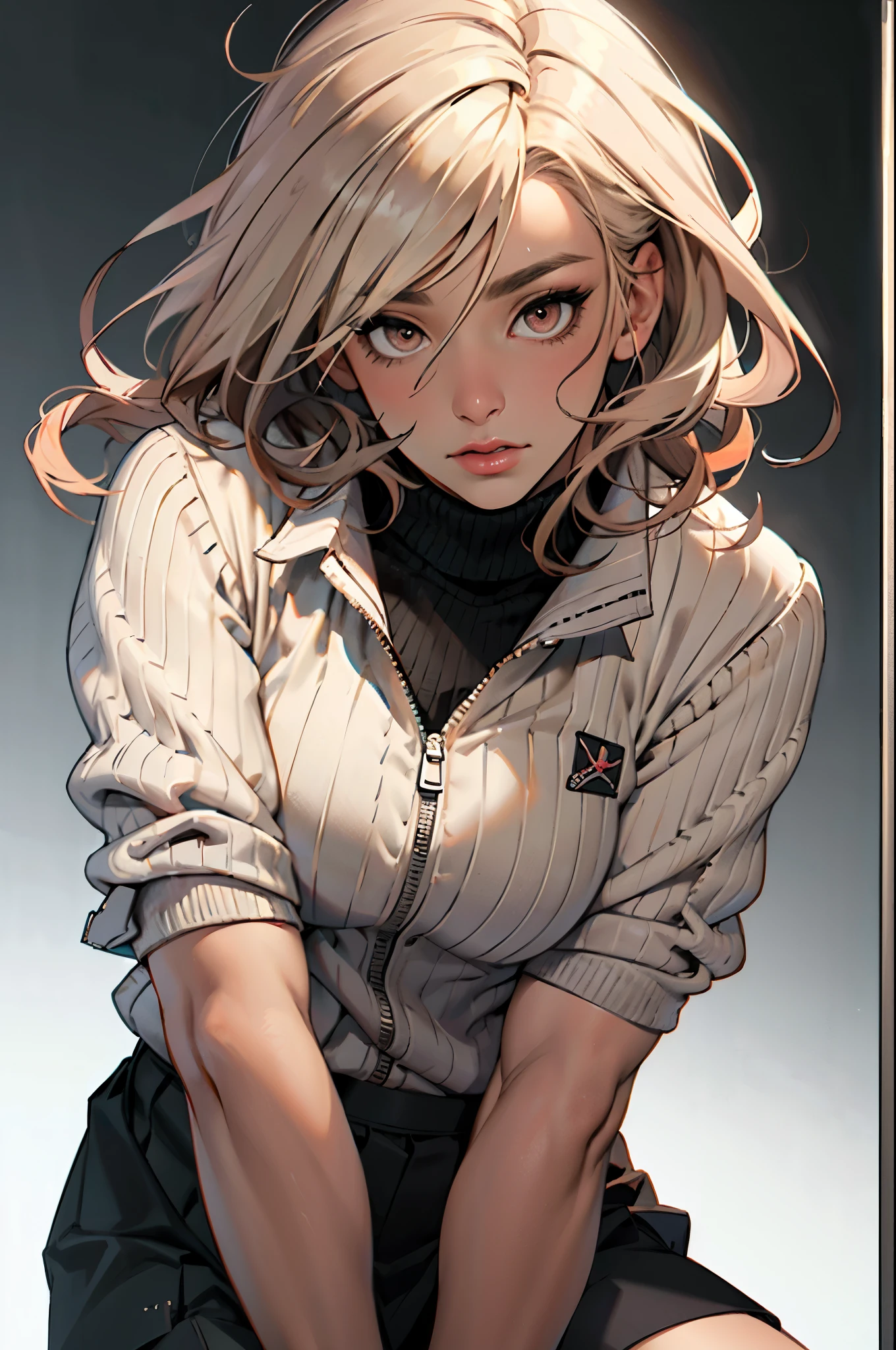(8K, masterpiece, best quality, alone, SFW), ((September Carino)), (portrait, turtleneck sweater, skirt), looking at camera, Eyeliner, eye shadow, Simple dark background, 