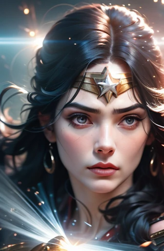 movie scene, DC's Wonder Woman Close-Up, twisted space, Twisted undead creatures in the background, lens flare, optical axis, intricate details, high detail, Volumetric lighting, 4K rendering, picture, surreal, Realistic textures, dramatic lighting, Unreal Engine