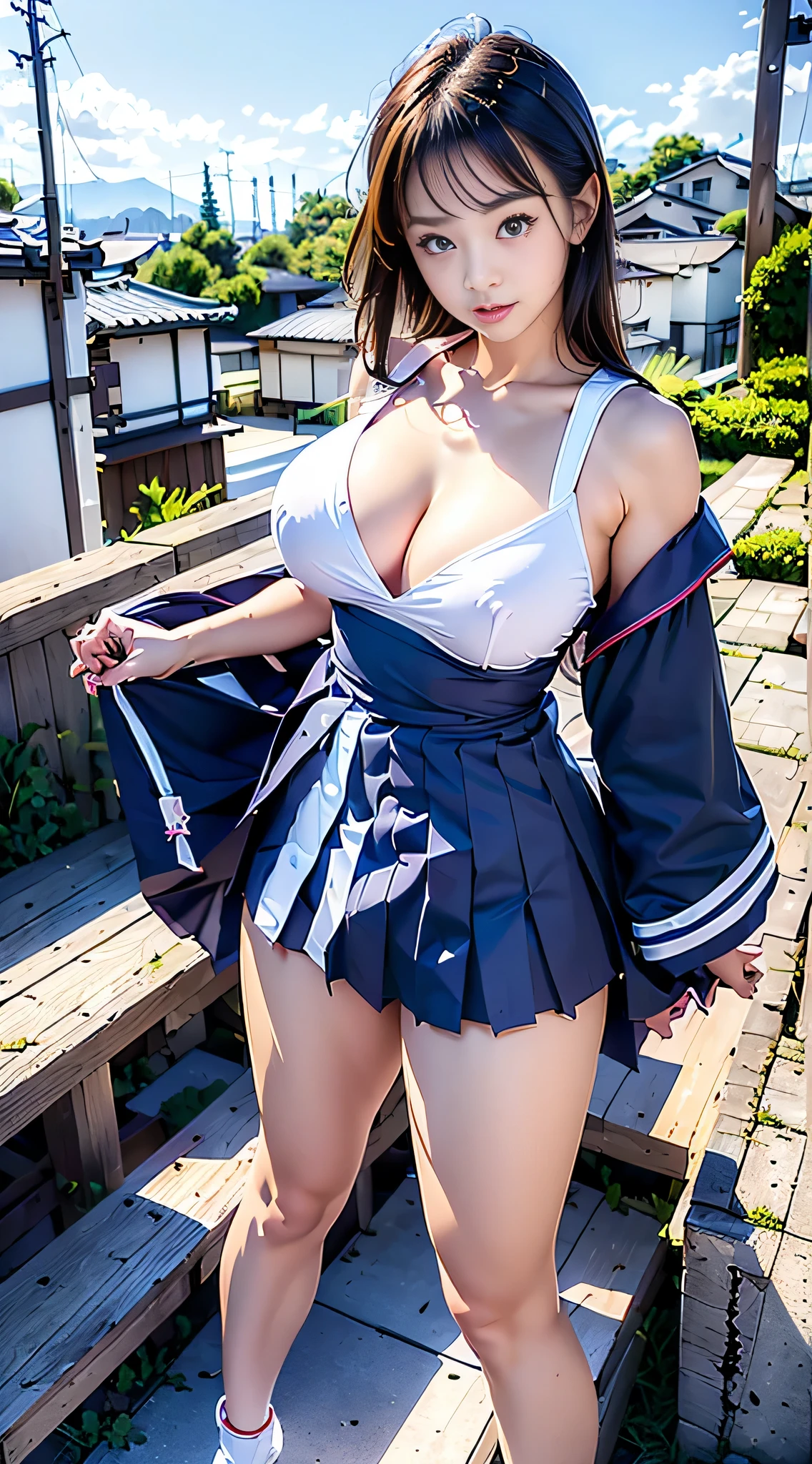 (highest quality, 8K, 32k, table top, nffsw:1.2), (Raw photo), (realistic), (realistic:1.2), (High resolution), Super detailed, very beautiful face、eye, 1 girl, (upon, 28 years old:1.2), young woman, round and small face, thin waist, huge breasts, slim proportions, (japanese sailor suit, sailor fuku, serafuku, Japanese school sailor suit, dark blue pleated skirt:1.27), (from below, share:1.2), On the rooftops of the city,exposing one's chest、nipples are big、Areolas reflect light、nipples are pink、vaginal shot、showing off the inside of the vagina、pussy shot、