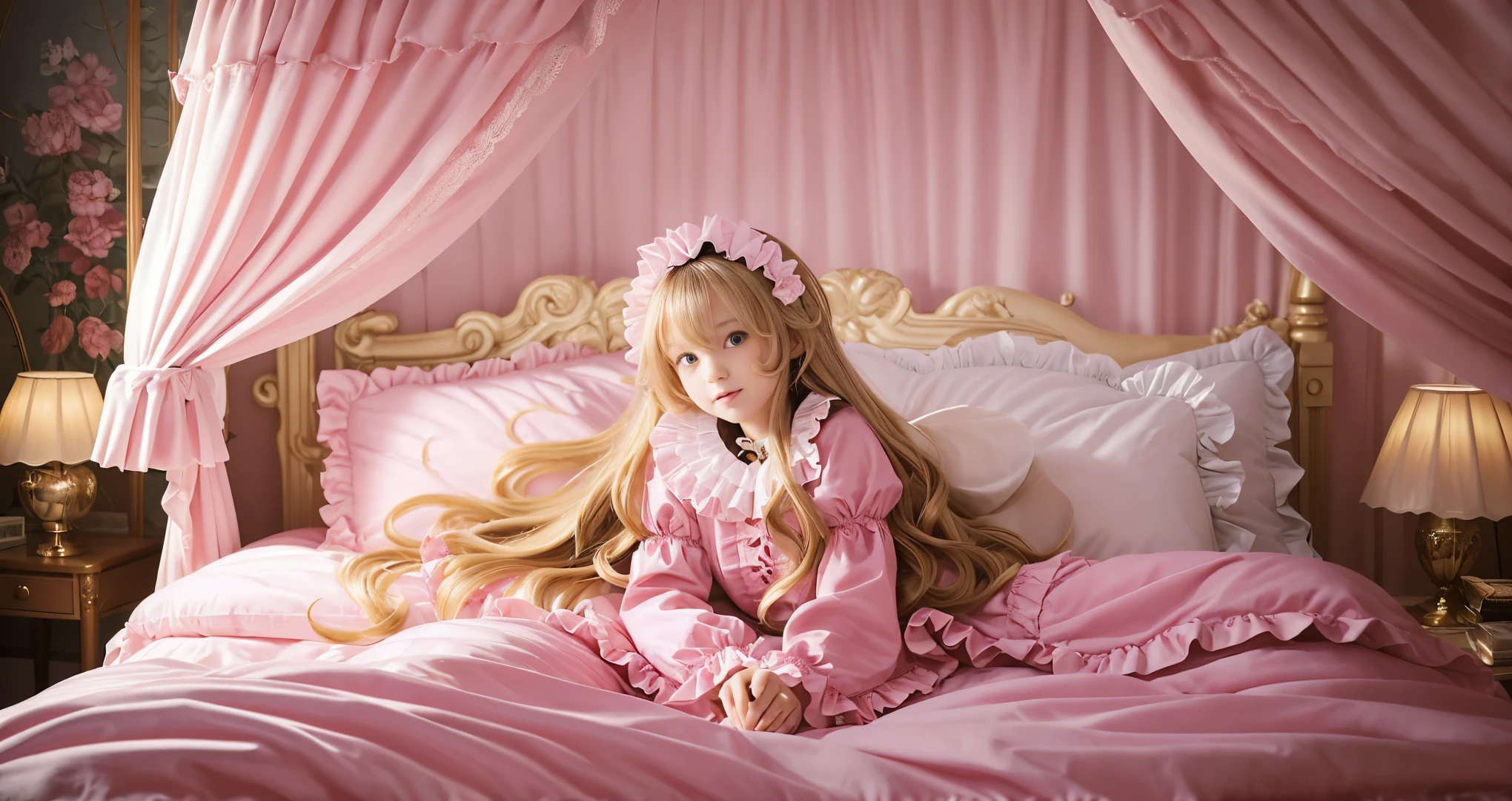 ,highest quality, masterpiece, highest resolution, artwork, super それにget used to it, many get used to it, get used to it, それにget used to it, 3K realistic photos,(( 10 year old girl)),Super detailed baby face,high quality small face,long blonde hair that grows to the waist,blue eyes,白い肌のeuropean,pajamas, european,(((super long blonde hair))),curly hair,blue eyes,((((ピンクのロリータファッションのlong skirtのワンピースドレス)))),((Pink nightgown with lots of frills and ribbons)),((Luxurious headdress with frills and ribbons)),detailed headdress,,(((big yoke collar))),Yoke collar with ruffles and ribbons,((((long sleeve)))),ruffle sleeves,((((long skirt)))),white ruffle and lace socks,large frill and ribbon pillow,(((Nice pink outfit))),豪華なcanopy bedの上,canopy bed,The bed is surrounded by luxurious curtains,many frilly pillows on the bed,There are many frilly pillows behind the girl.,super detailed background,detailed bed,soft pink comforter,Highly detailed soft ruffle pillow,Beautiful girl illustration,detailed beautiful face,thin hair,detailed eye ,detailed eyes,detailed mouth, arm details,fine hands,Detailed pillow,wide bed,Illustration on the bed, ,((((round futon)))),((((A large ruffled futon that covers the entire bed)))),detailed comforter,detailed bedシーツ,Before bedtime,romantic atmosphere,palace bedroom,((((The lower body is completely covered with a large cloth。, swollen futon..)))) The girl is leaning on a pile of pillows, ,((((round futon)))),((((A large ruffled futon that covers the entire bed)))),