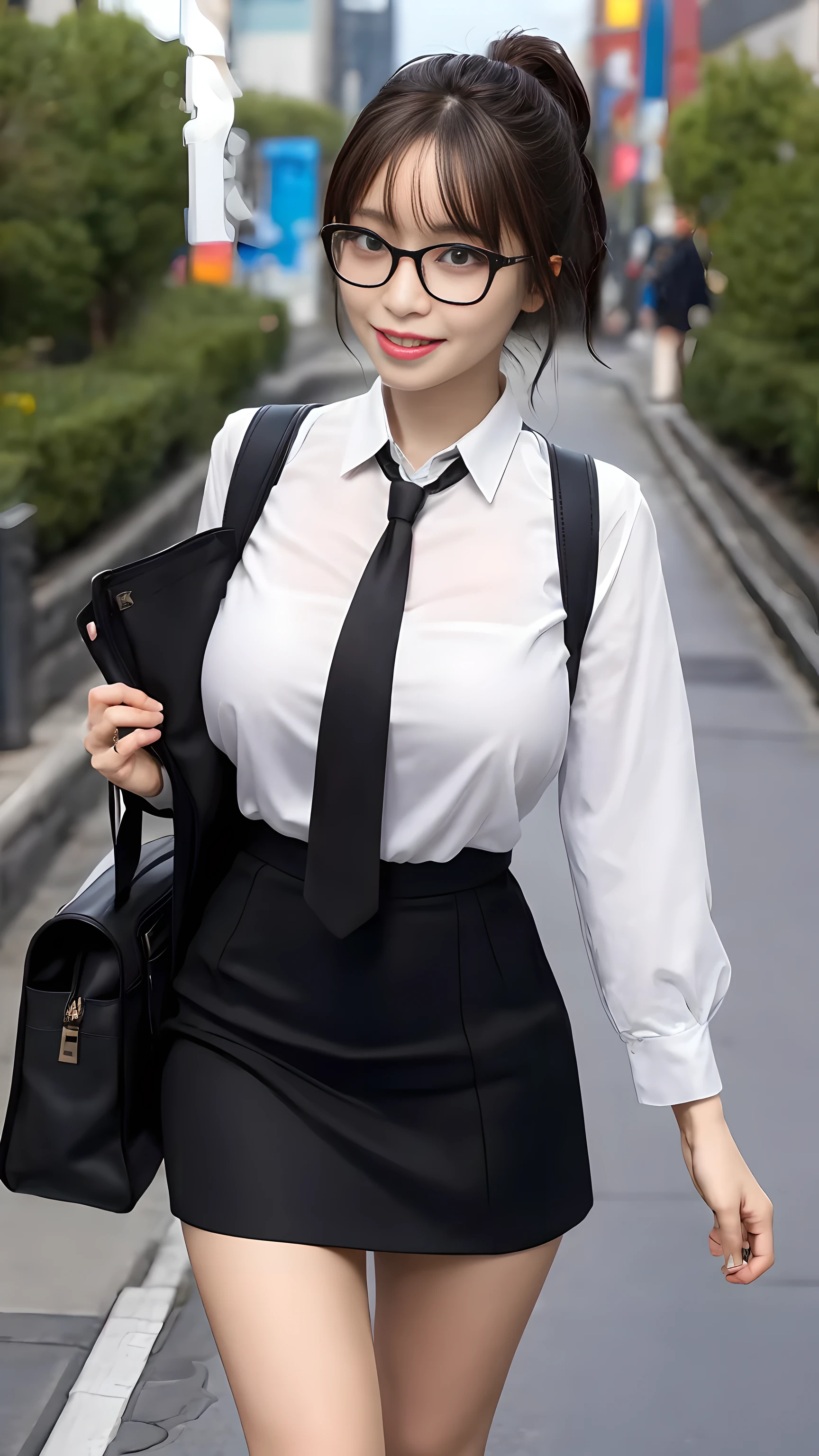 ultra-detailed, 1girl, glasses, I-cup big breasts, necktie, sexy short mini skirt, bag, sexy, black hair, outdoors, road, between breasts, street, school bag, ground vehicle, danchi, japan, slender body, hime cut, illustration, first-person view, pov, masterpiece, best quality, super detail, 16k