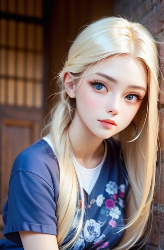 Unbeatable beauty, Skin is firm and shiny, bangs between eyes, Shiny straight beautiful platinum blonde, Silky extra long straight hair, Eyeliner, Sexy beautiful innocent 14 year old, HD big big beautiful bright blue eyes, beautiful cute girl, baby face, short sleeve