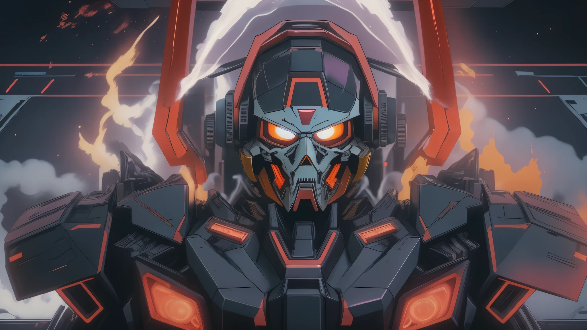 Gundam with a skull face, in a mecha anime style, inside the Gundam cockpit, flames and smoke coming out from underneath, the colors are dark purple, red and black, there is an emblem made up of two wings at its center, with vibrant colors and high contrast. The whole scene gives off a sense of power and intensity, with neon lights adding to the futuristic atmosphere.