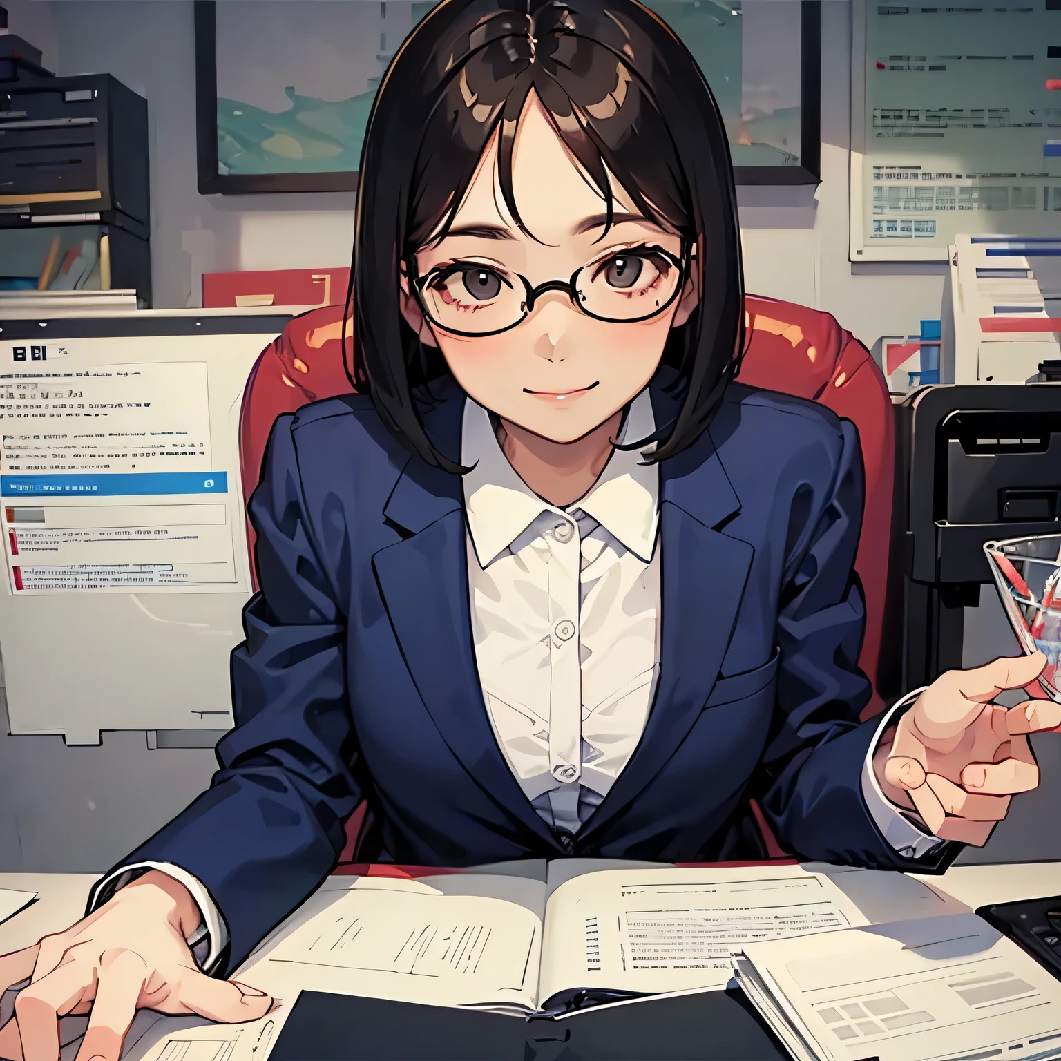 Glasses, lovely woman, smile, recruiting suit only, office, medium bob, unkempt head, at work